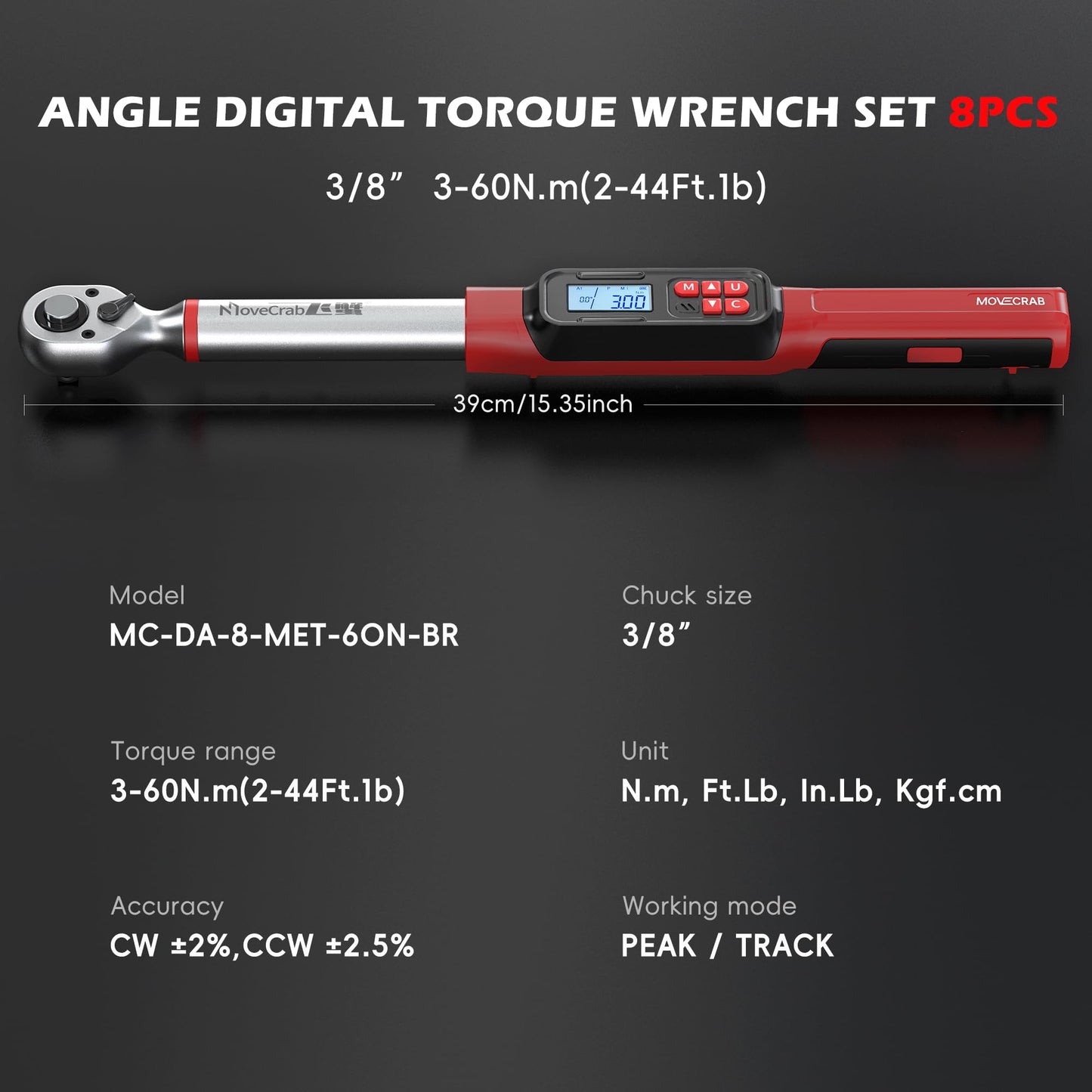 MOVECRAB 3/8" Drive Digital Angle Torque Wrench 2-44 Ft.lb (3-60 N.m), Angle Measurement 0.1° with LED Display & Buzzer, for DIY Auto Car Motorcycle Repair & Engineering
