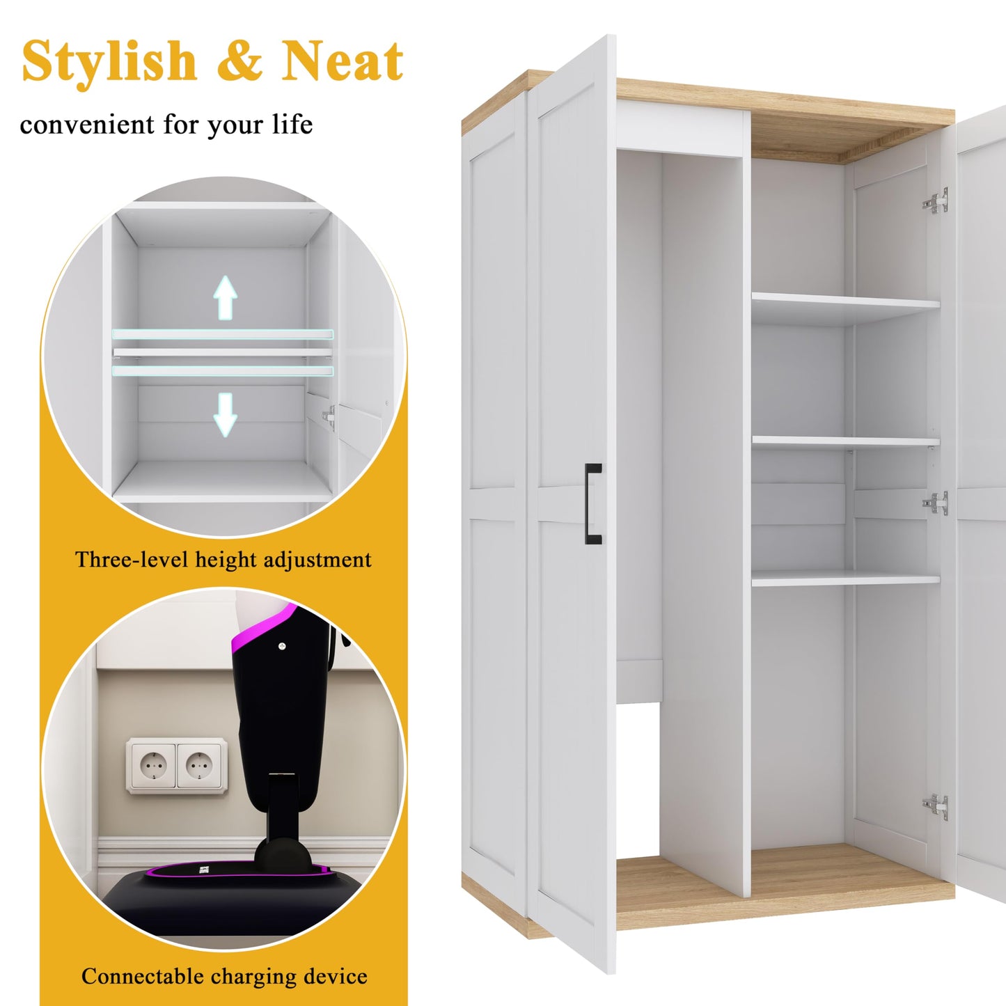 OQSC Wooden 55" Tall Broom Closet Storage Cabinet for Vacuum Cleaner & Floor Scrubbers with 2 Doors and Adjustable Shelf, Cleaning Supply Cabinet with Bottom Openwork for Laundry Room, Garage
