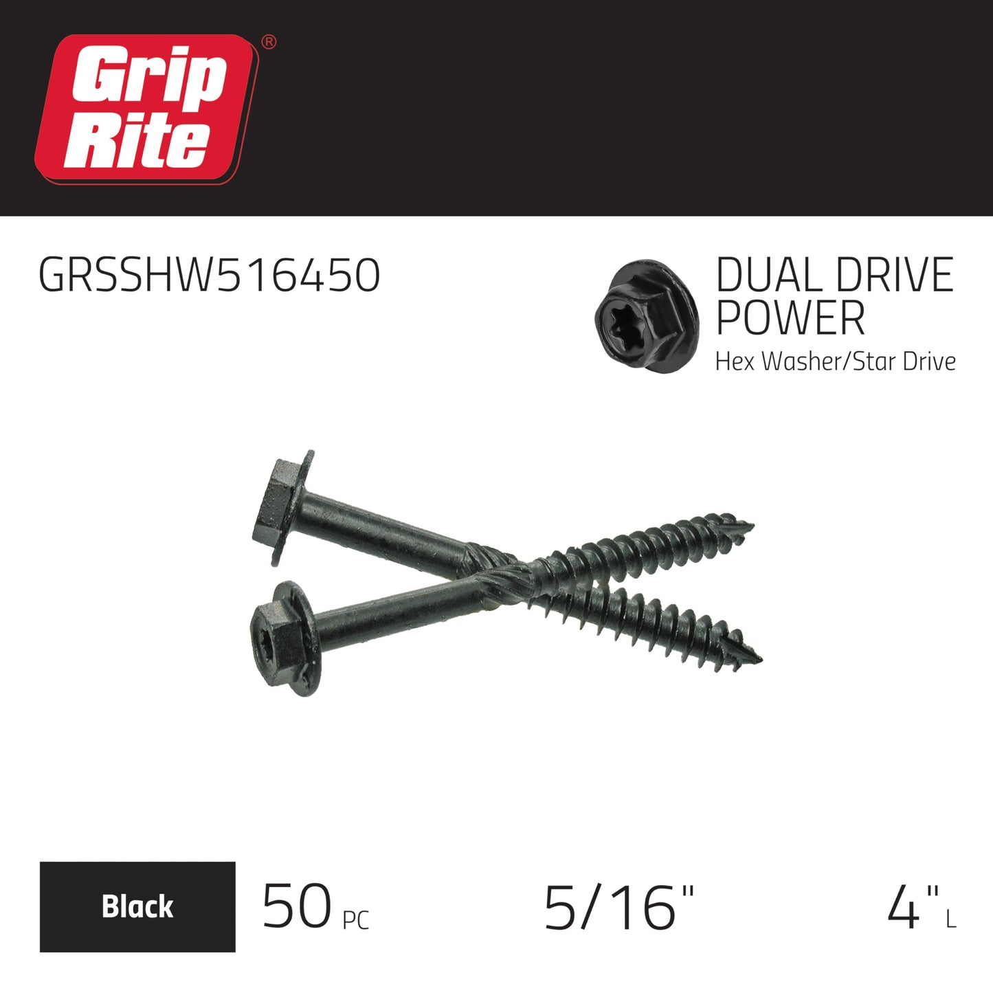 Grip-Rite GRSSHW516450 5/16" x 4" Structural Screw Dual Drive Power Hex Washer Star Drive Head 50CT, Black
