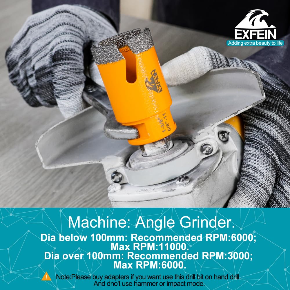 EXFEIN Tile Hole Saw Kit 13pcs - 6/6/8/19/25/35/50/75/102mm Diamond Core Drill Bits, 4/5 Inch Milling Bit + 2 Inch Chamfer Bit + Adapter + 4.5 Inch Grinding & Cutting Disc for Tile Marble Granite
