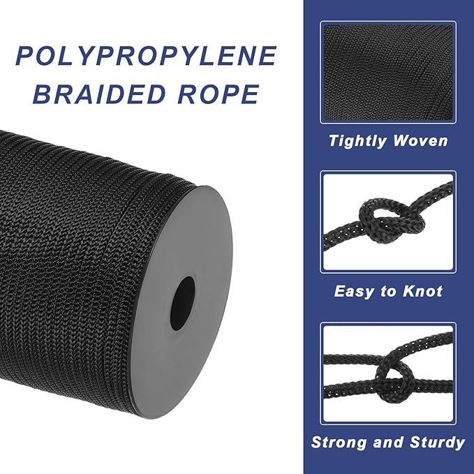 MECCANIXITY 3/16" Polypropylene Rope Braided Ropes, 328ft Camping Rope Hollow Utility Cord for Clothesline, Hiking, Outdoor, Black