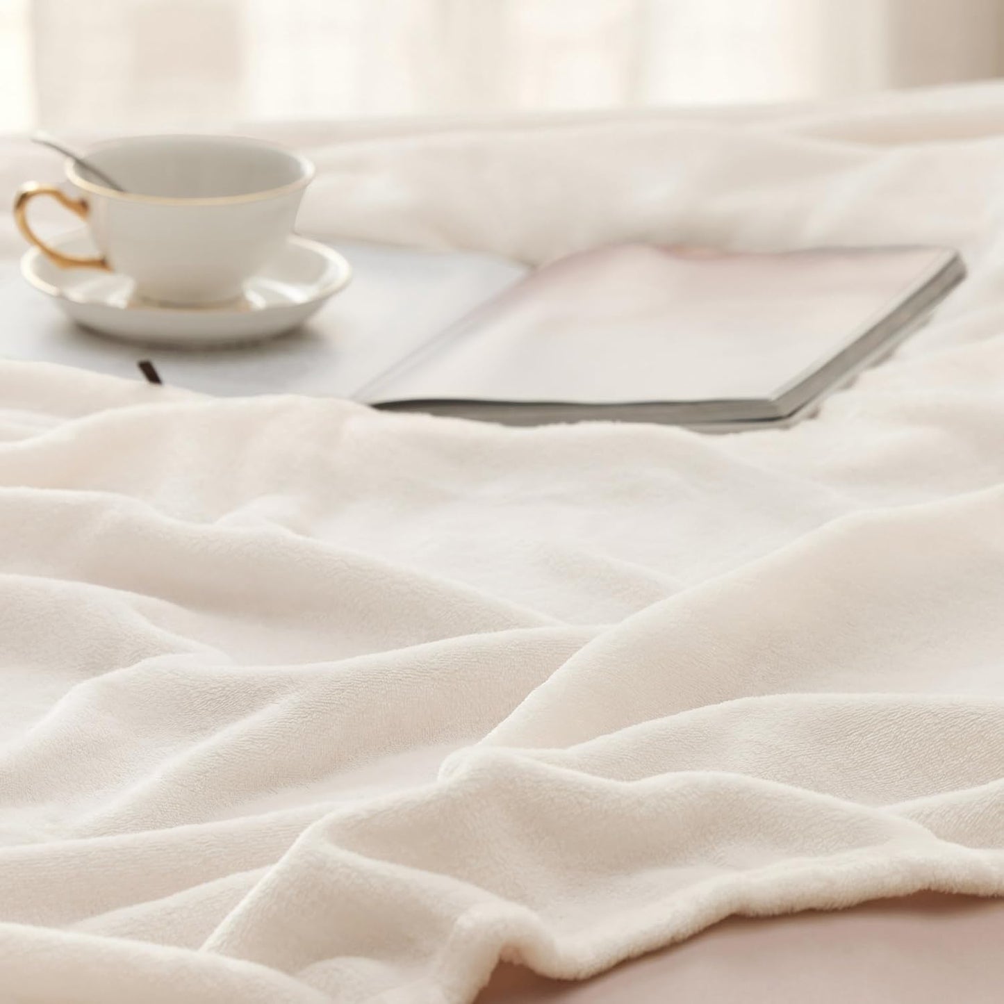 Bedsure GentleSoft Fleece Blanket - Soft, Lightweight Plush Queen Size Cream Blanket, 90x90 Inches