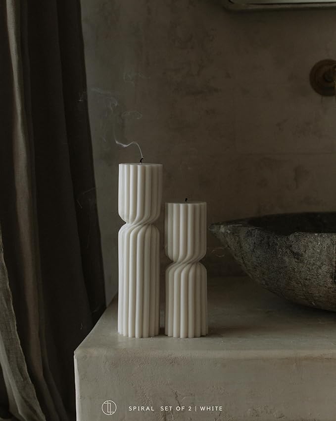 LAWA Spiral Spire Candle - Large Beautiful Handmade Pillar Scented Soy Wax Elegant Bubble Aesthetic Candle Housewarming Gift Home Room Shelf Decor Idea White (Set of 2, White)