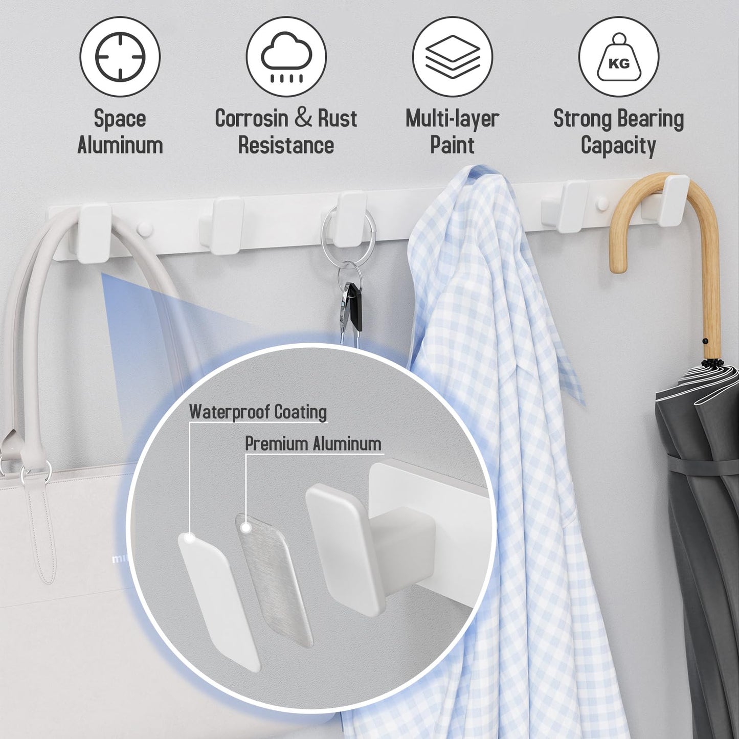 Coat Hook Wall Rack Hanger - White Coat Rack with 6 Hooks Wall Hooks for Hanging Hat Key Bag Towel Wall Mount Coat Holder