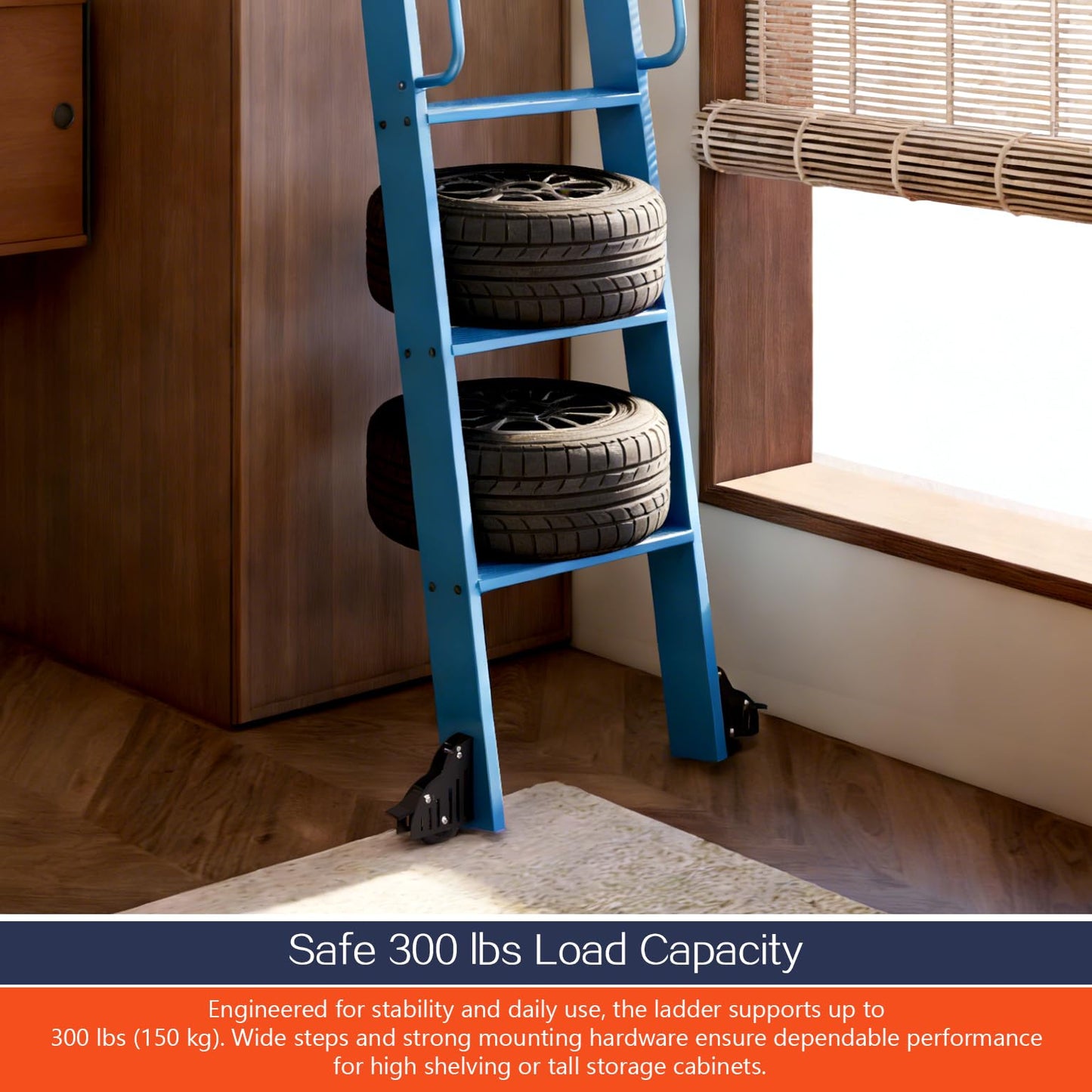 DIYHD 87" Sliding Library Ladder with 7 Steps, Telescopic Top Hook, Lightweight Rolling Ladder with Upright Space-Saving Storage, Kit with 4FT Sliding Rail, Bottom Rollers, 300lbs Capacity, Blue