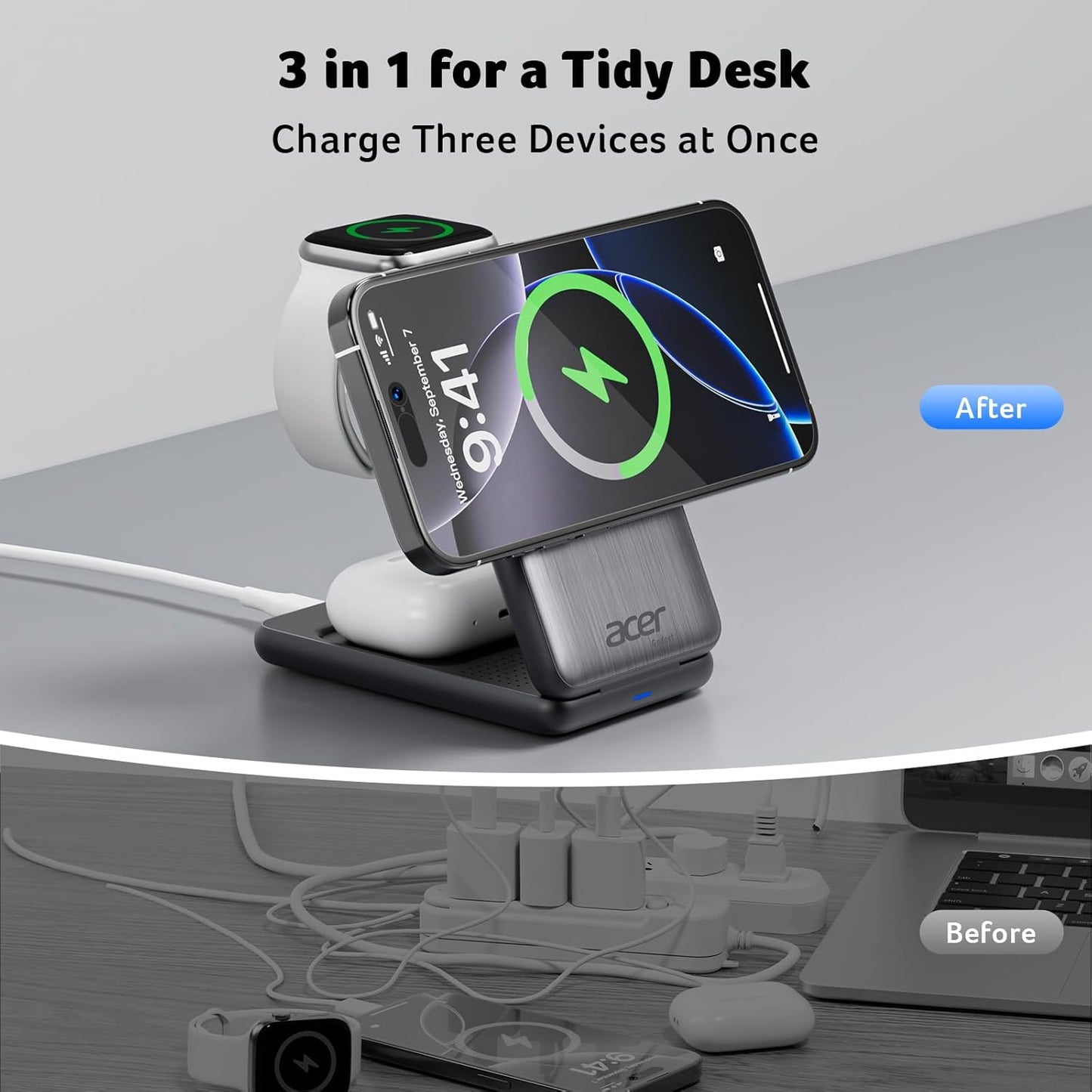 Acer 3 1 S3 in Charging Station for Apple Device, Magnetic Wireless Foldable Fast Charger Stand Compatible with MagSafe