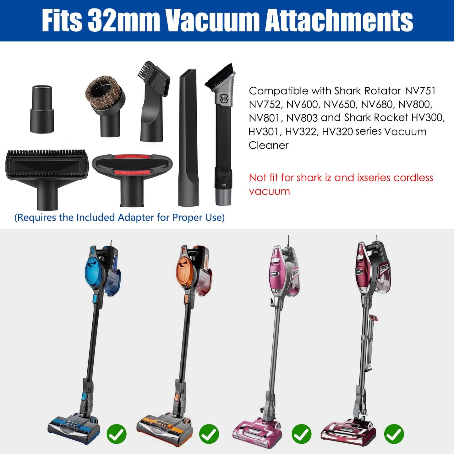 Alrens 7Pcs Vacuum Attachments for Shark Rotator NV752 NV751 NV650 NV680 NV800 and Rocket HV300 HV320 Vacuum Cleaner, 2 in 1 Crevice Tool & Vacuum Brush Attachment & Accessories