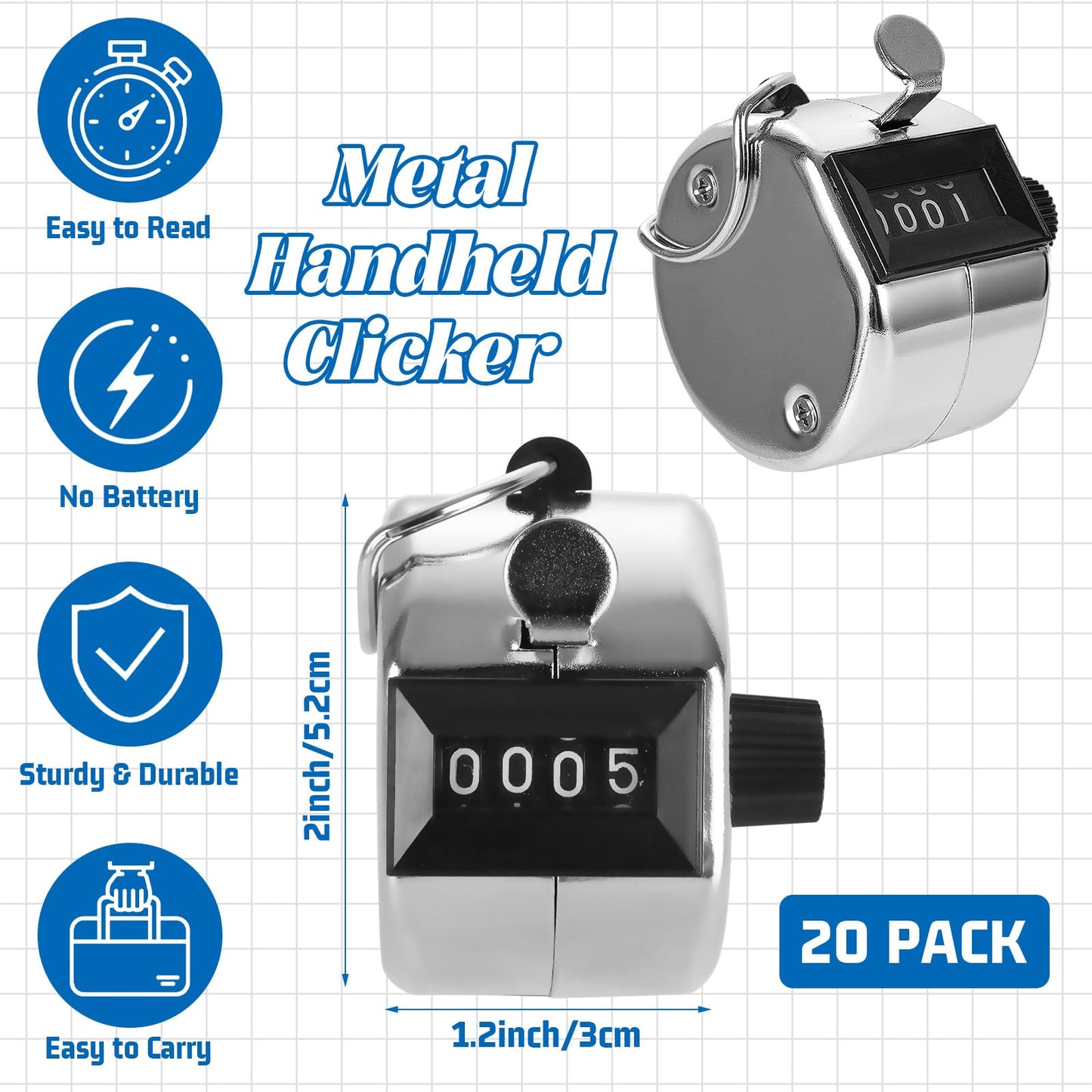 LDHHYH 20 Pack Clicker Counter, Metal Hand Tally Counter Clicker, 4 Digit Mechanical Palm Pitch Counter Clicker for Counting Numbers Golf Sports Events Office Stadium