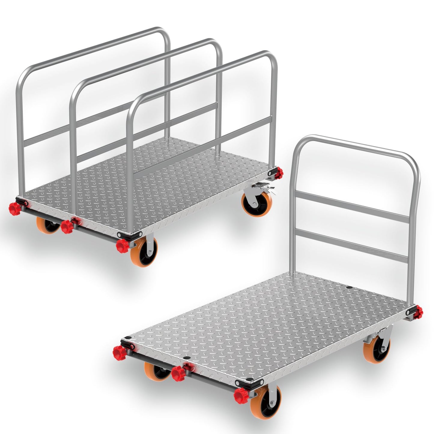 2-in-1 Steel Panel Cart with 3000 lbs Capacity Lumber Drywall Dolly Cart, 6" Swivel Brake Wheels Heavy Duty Table Truck Flatbed Cart with 1Front and 3Side Handrails 44 X 28inch 2mm