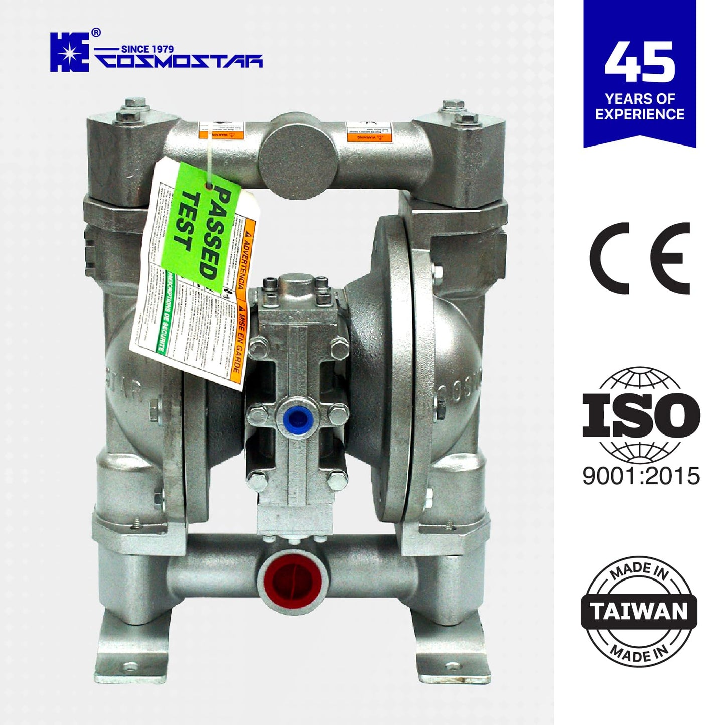 COSMOSTAR D0906 1" Double Air Diaphragm Pump - Aluminum Body, Teflon Ball, Seat and Diaphragm With Muffler - Chemical, Waste Oil, Pneumatic Oil Pump