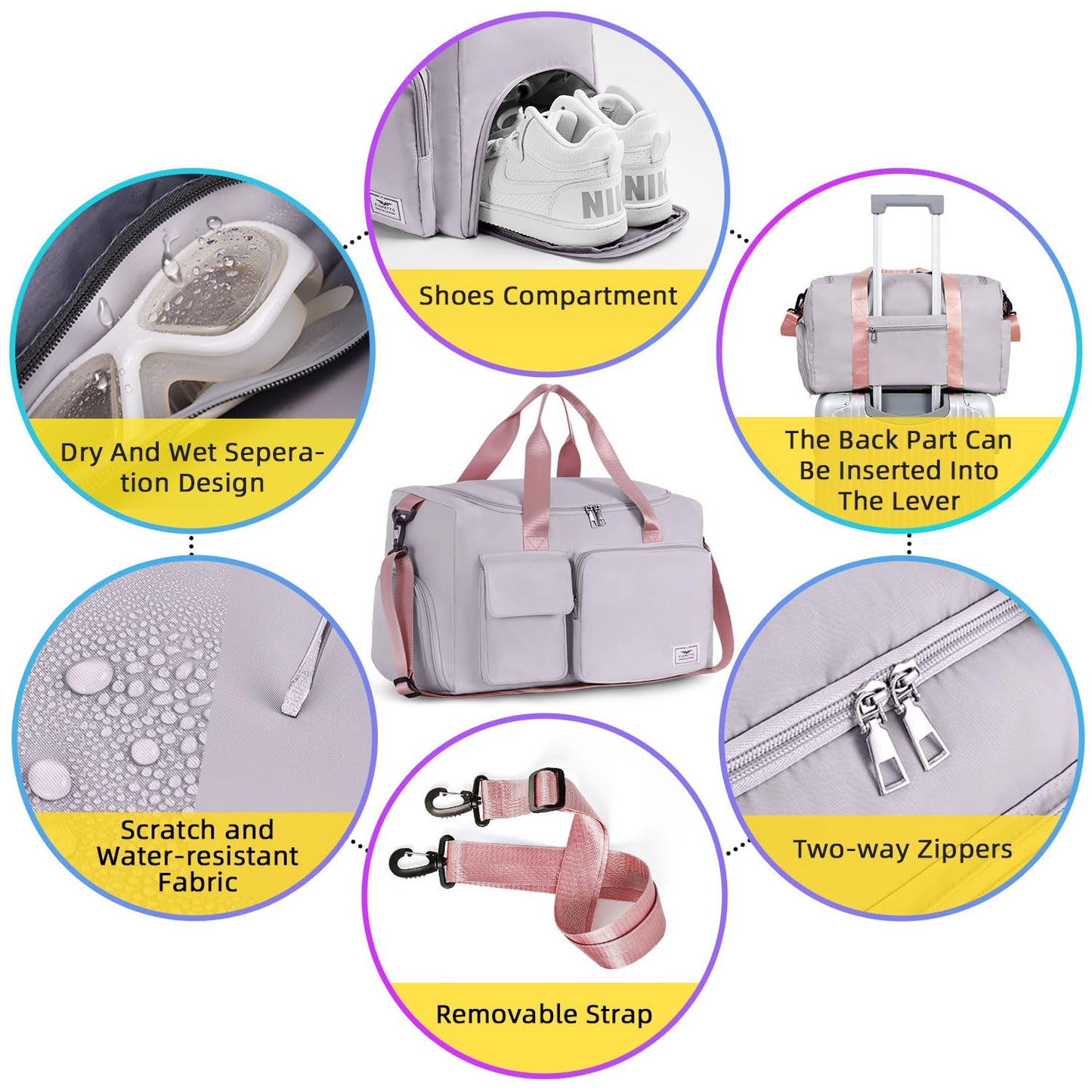 FIORETTO Women's Gym Duffle Bag with Shoes Compartment, 30L Capacity, Ideal for Travel, Gym, Sports, Duffel, Weekender, with Toiletry Bag, Grey & Pink