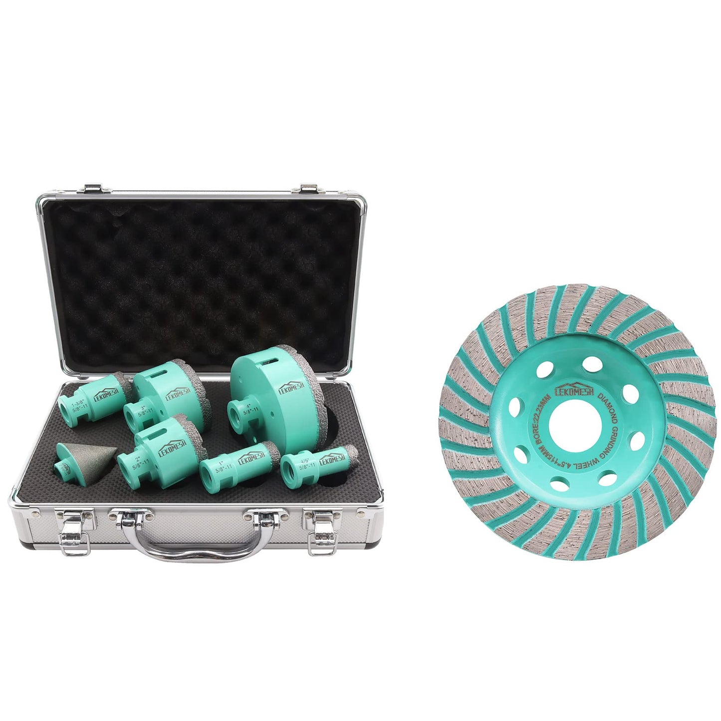 LEKOMESH Diamond Core Drill Bits Set 7pcs Tile Hole Saw Kit for Porcelain Tile Ceramic Marble Brick Concrete with 5/8"-11 Thread and LEKOMESH Diamond Grinding Cup Wheel