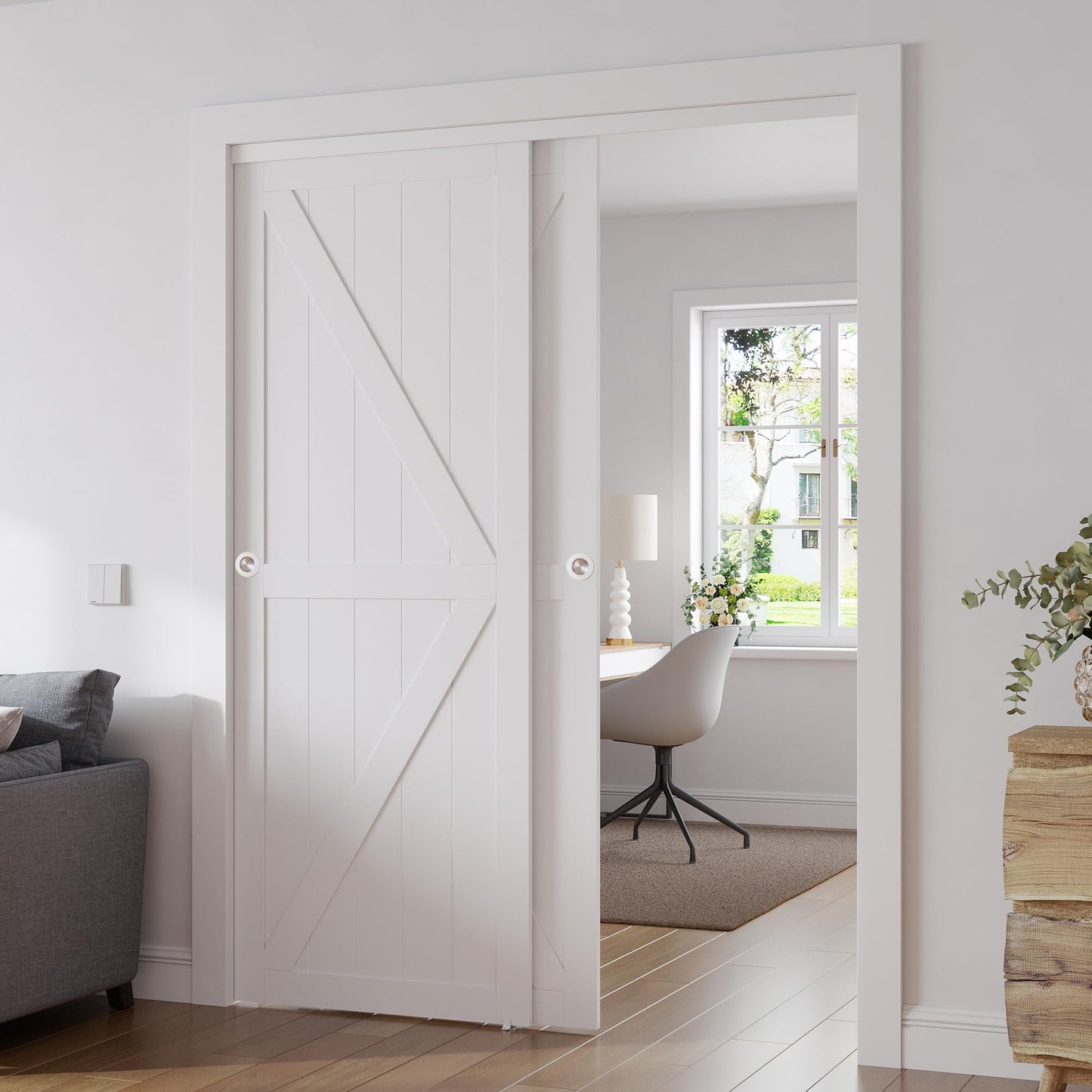 SMARTSTANDARD Closet Sliding Door, 48"×80"(Double Barn Doors 25"), Double K Shape Sliding Door with Hardware Kit, Pre-Drilled Door Panel, Need to Assemble, MDF with PVC Surface, White