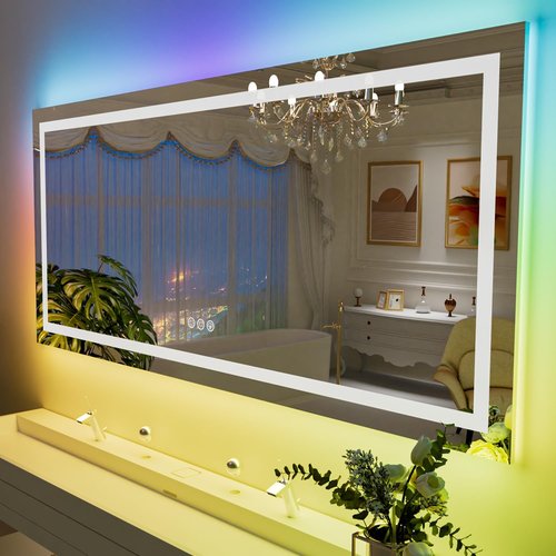 LOAAO RGB LED Bathroom Mirror - 55” x 36” Large Anti-Fog Dimmable Vanity Mirror with Smart Lighting & Memory Function