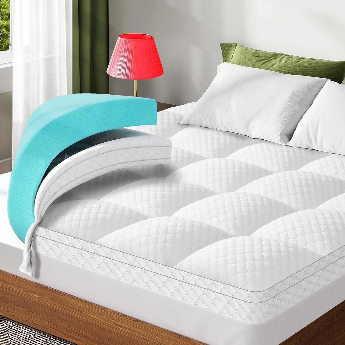 Skiennix Dual Layer 3-Inch Queen Memory Foam Mattress Topper - Cooling Gel & Pillow Top Design