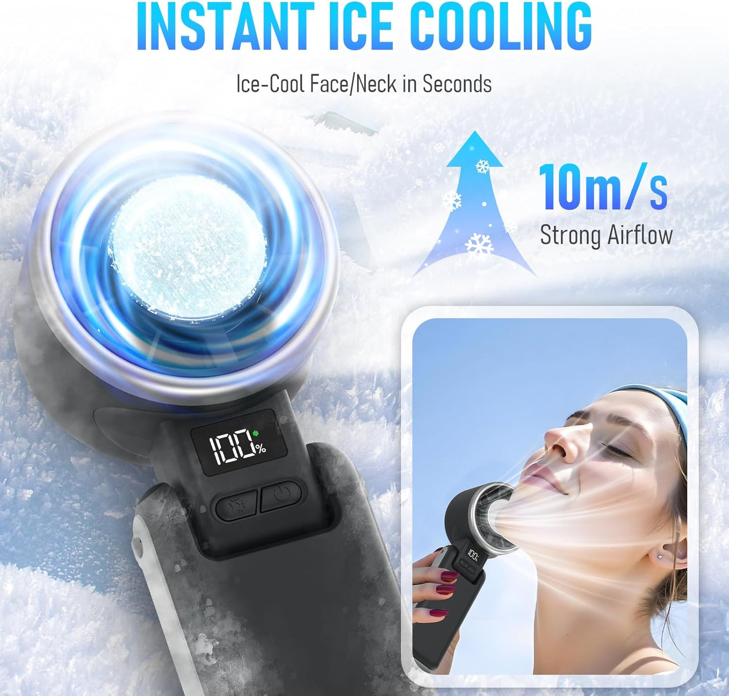 PlayHot Portable Handheld Turbo Fan - Rechargeable Ice Cooling Fan with 5 Speeds | Up to 12 Hours of Use (Black)