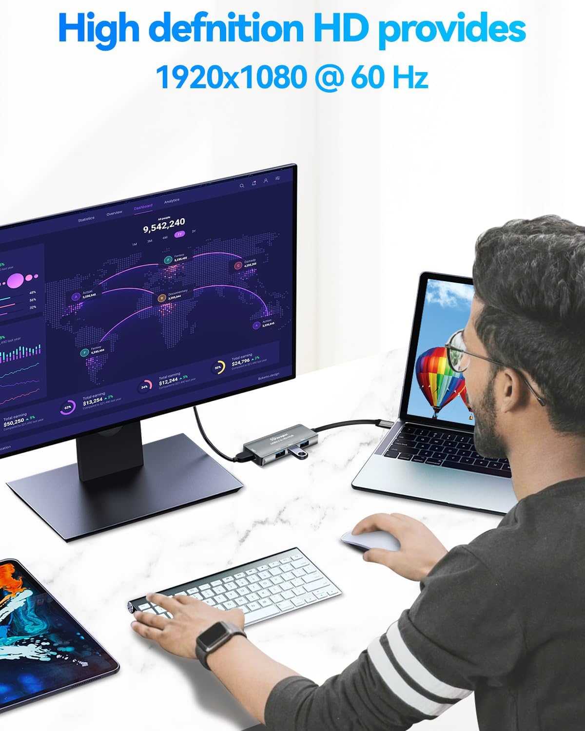 WinRaybot 1080P@60Hz 3 3.0 USB Hub with HDMI Extended Monitor Display with Port USB Hub,Mirror & Extend Display Mode