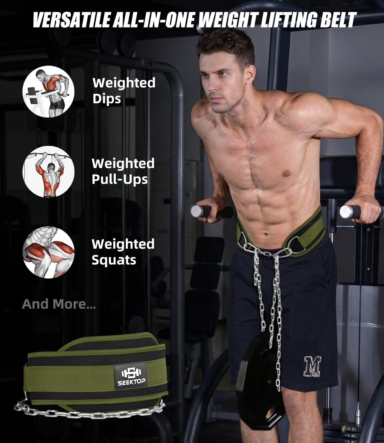 Seektop Dip Belt for Weightlifting - GYM Workout Pull Ups Belt with Chain, Neoprene Waist Dip Belt Crossfit for Weight Lifting, Squat, Training, Fitness, Men & Women (Belt & Chain) (Green)