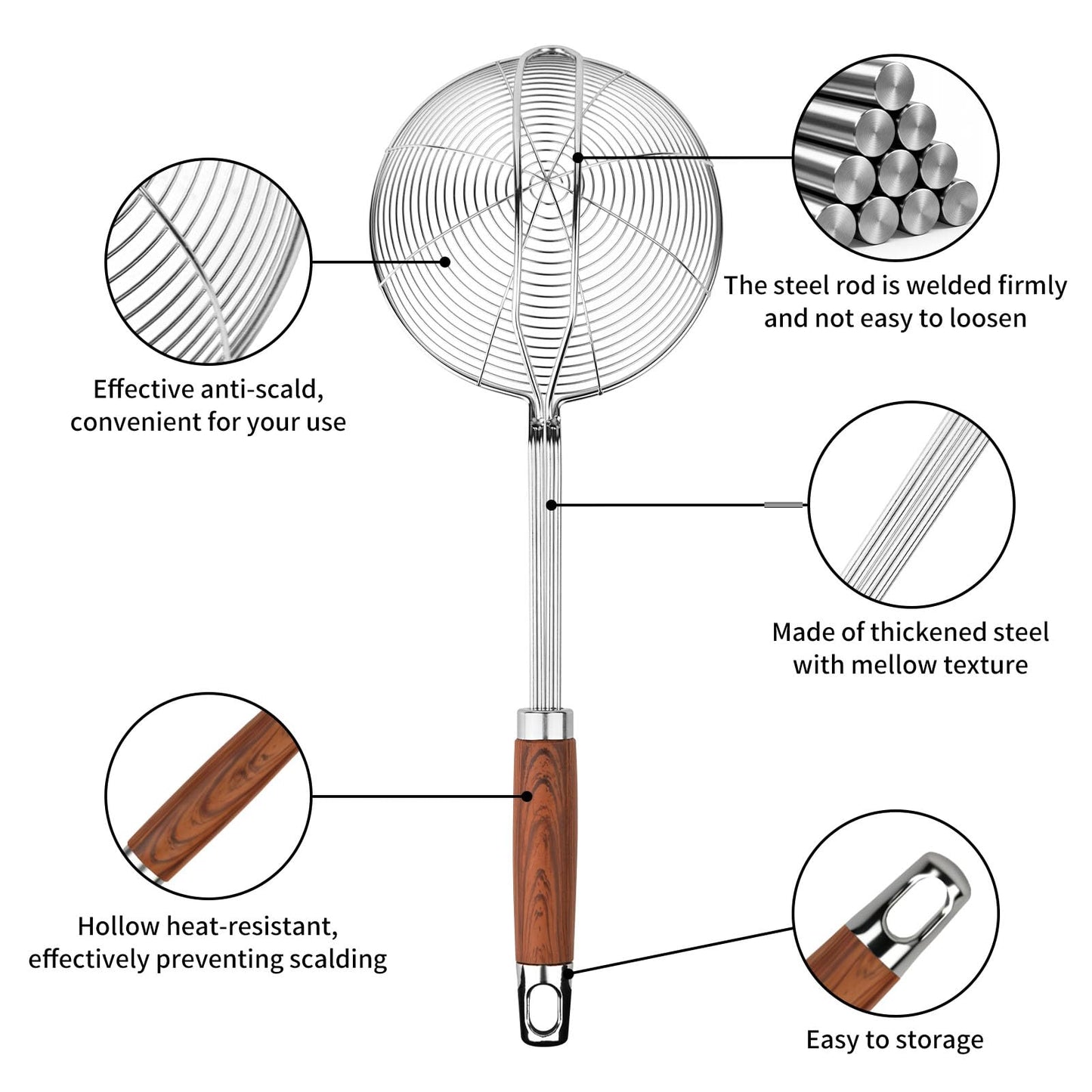 ChefBee 5.3" Spider Strainer Skimmer Spoon with Handle, Stainless Steel Wire Strainer Ladle for Cooking and Frying, Kitchen Utensils Slotted Pasta Spoon, Fryer Scoop