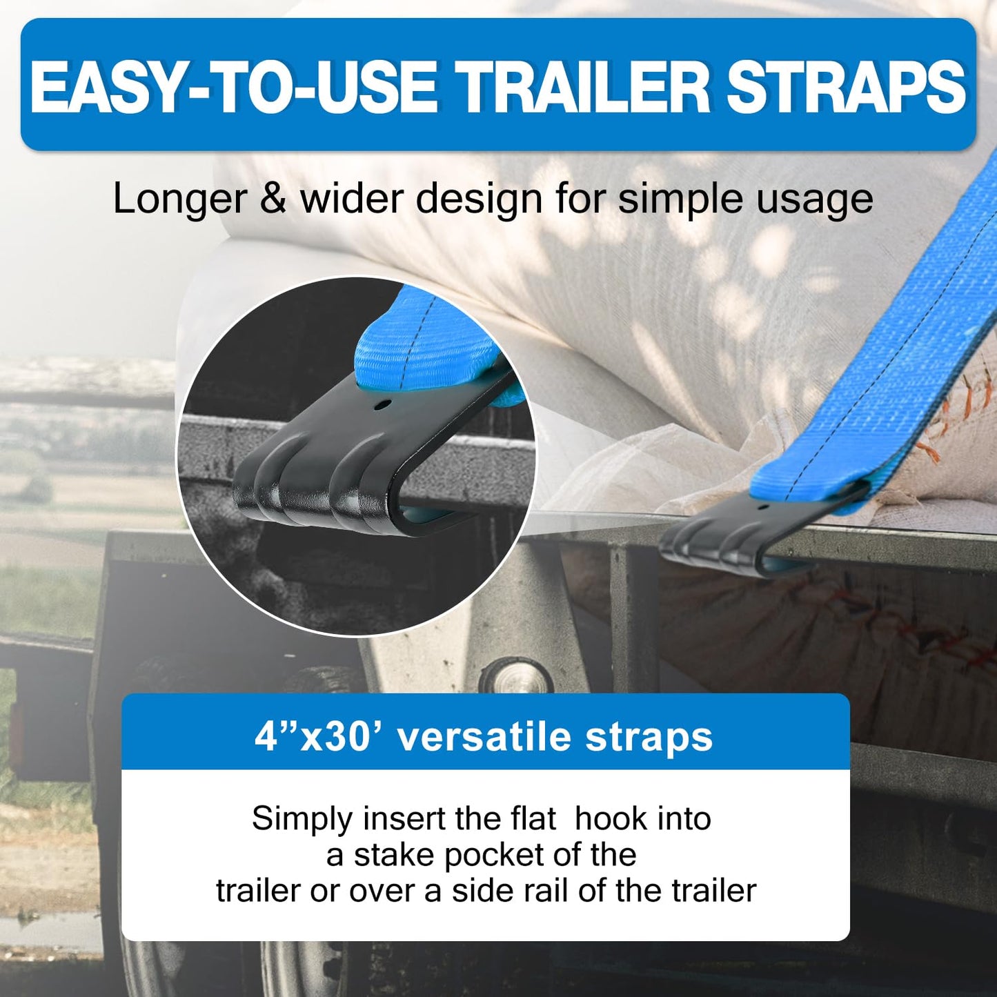 Autofonder 4 Pack 2in x 27ft Flat Hook Ratchet Straps and 10 Pack 4in x 30ft Straps Flatbed 5400lbs