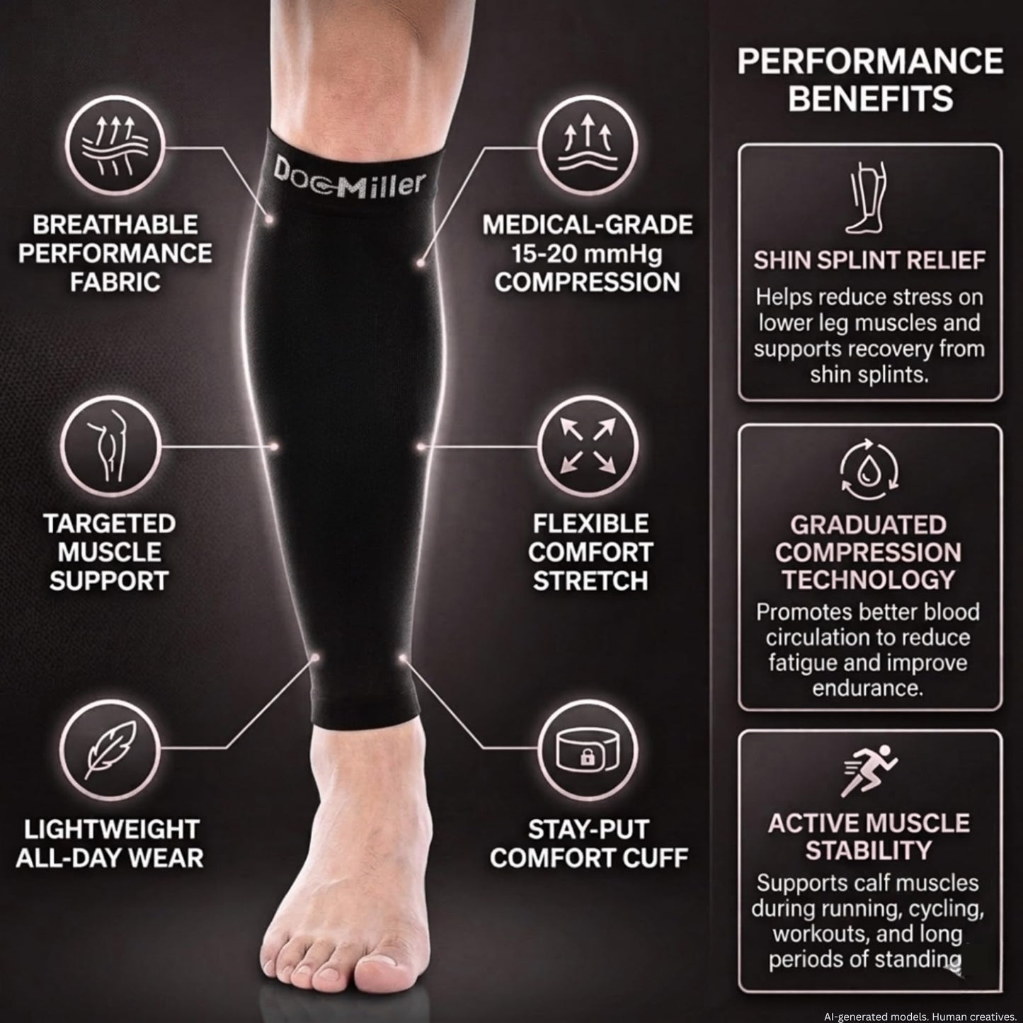 Doc Miller Calf Compression Sleeve for Petite Women & Men, 15-20 mmHg, Footless Leg Sleeve Brace for Varicose Veins, Pregnancy, Running & Cycling, Knee-High, Shin Splints, Recovery, 1 Pair