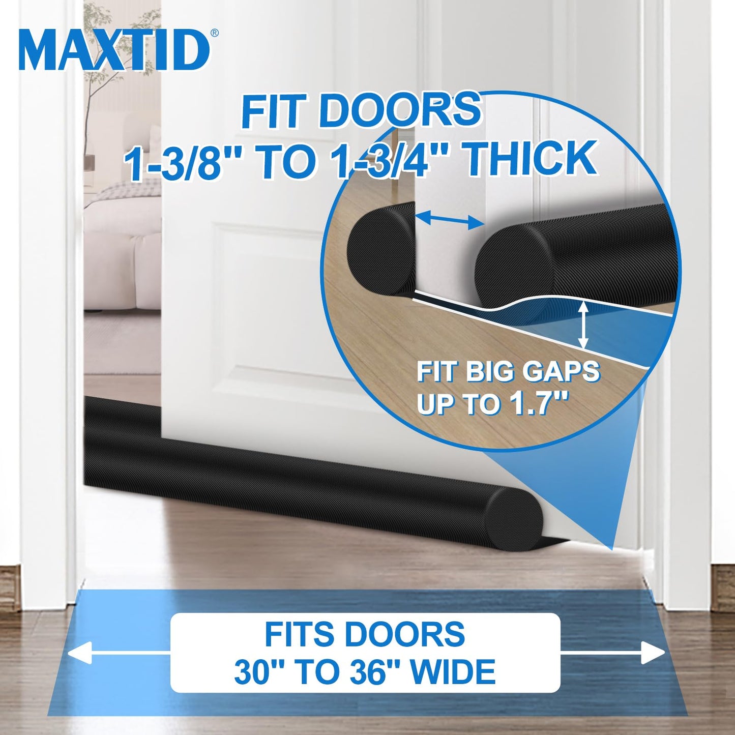 MAXTID Large Door Draft Stopper for Bottom of Doors 36” Under Door Sweep Noise Blocker Black Gap Stoppers Adjustable Doors Seal Sweep Guard Draft, Window Breeze Stoppers, Home Essentials Gadgets