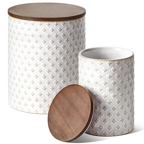 LE TAUCI Ceramic Kitchen Canister Set with Airtight Lids, Food Storage Containers for Flour, Sugar, Coffee - Large Embossed Jars for Pantry Storage & Countertop Decor - Set of 2 (78/25 oz), Clover