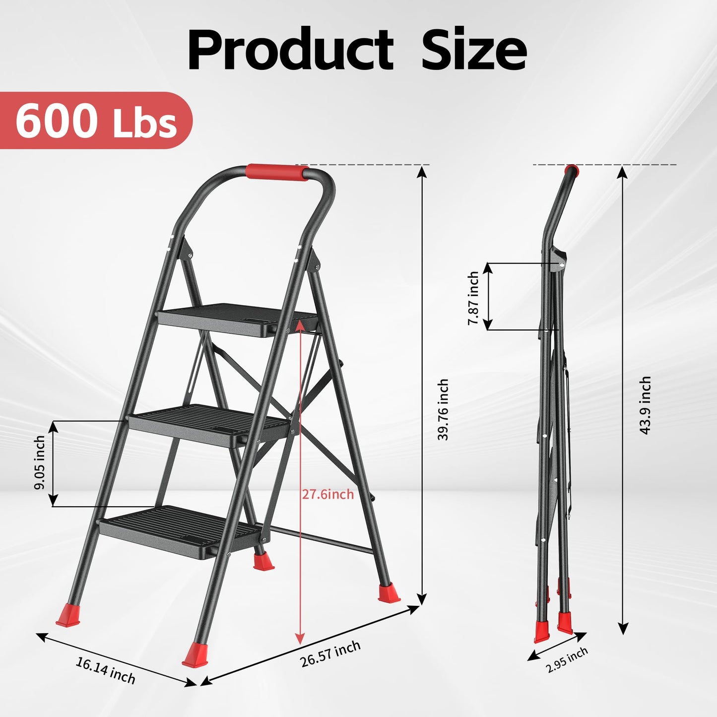 Step Ladder Foldable Folding Stool - for Home Adults Kitchen 3 Stepping Extension Tall Heavy Duty with Handrails - Closet Stepstool Stair Ladders Extendable Stepladder for Indoor House 600Lbs