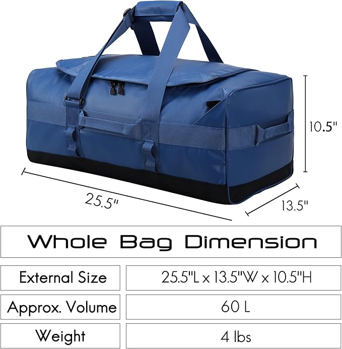 Haimont Large Duffel Backpack Sports Bag Convertible Duffle Bag with Backpack Straps for Travel, Gym, Weekender, Water Resistant, Blue, 60L