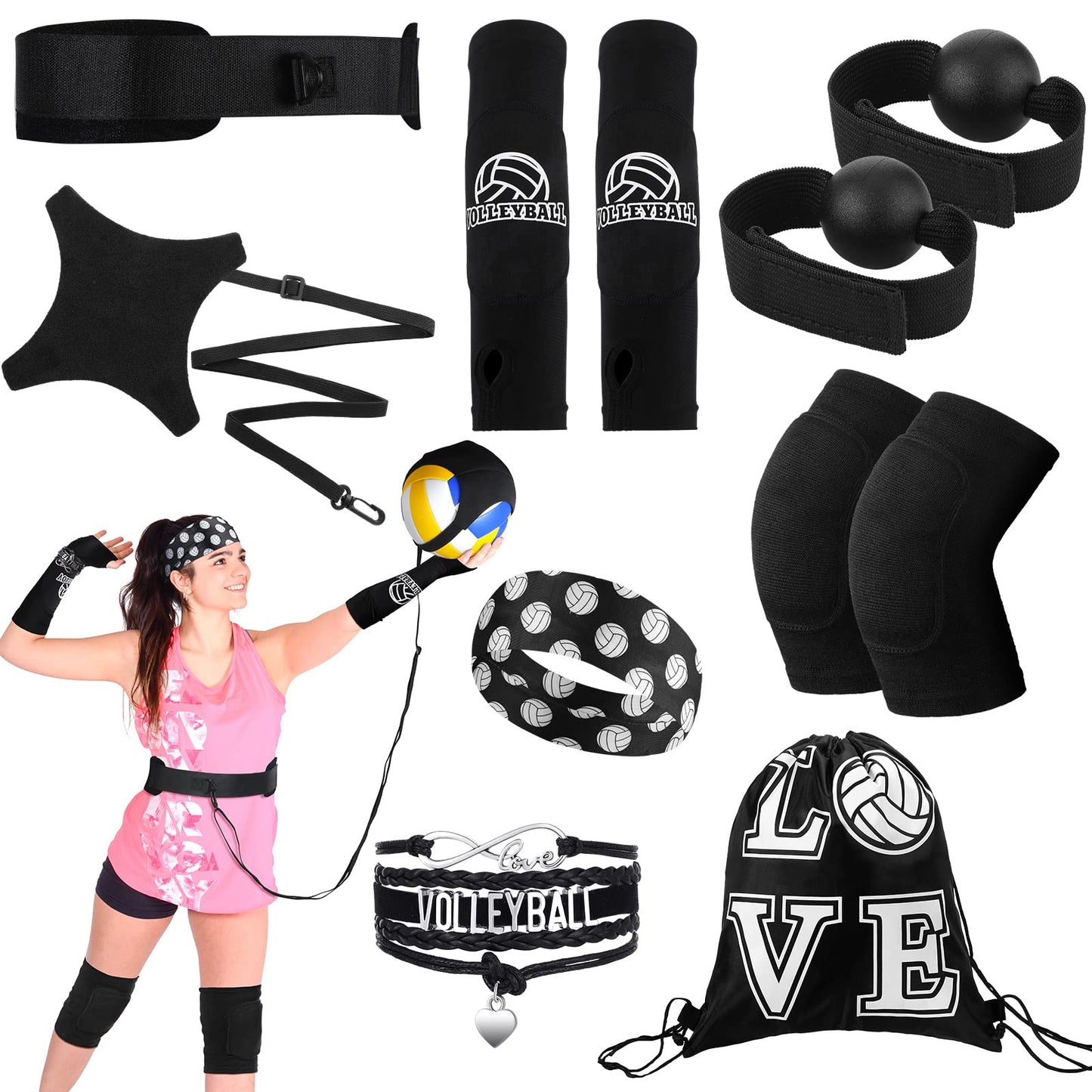 Honoson 7 Pcs Volleyball Training Equipment Aid Volleyball Serving Trainer Kit Gifts for Beginners (Black, Boys)