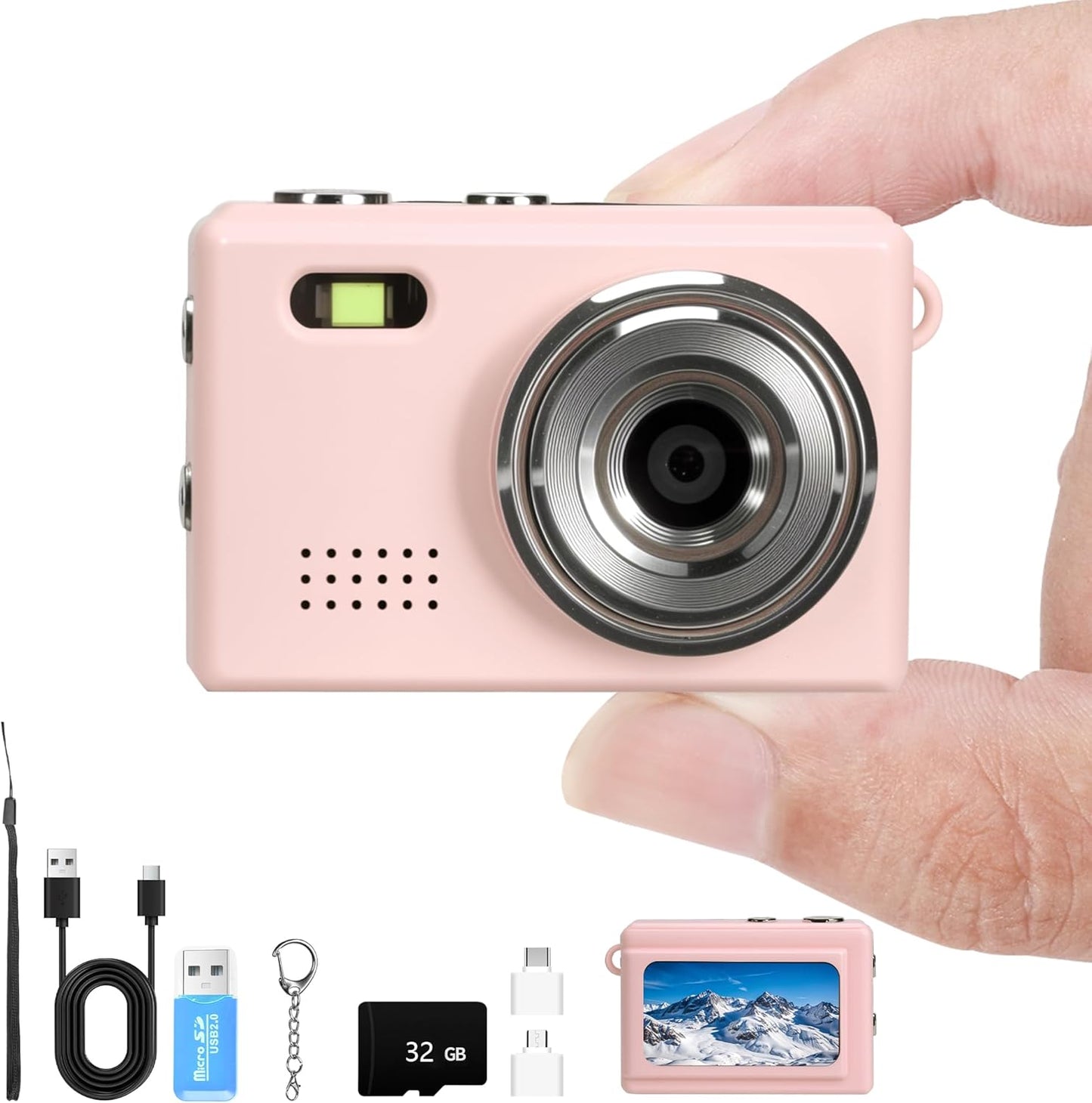 Mhaohuofu 1080p 32GB 6 0.96" 100 Pink1) Mini Keychain Camera, FHD Mini Digital Camera with SD Card, Flash, Creative