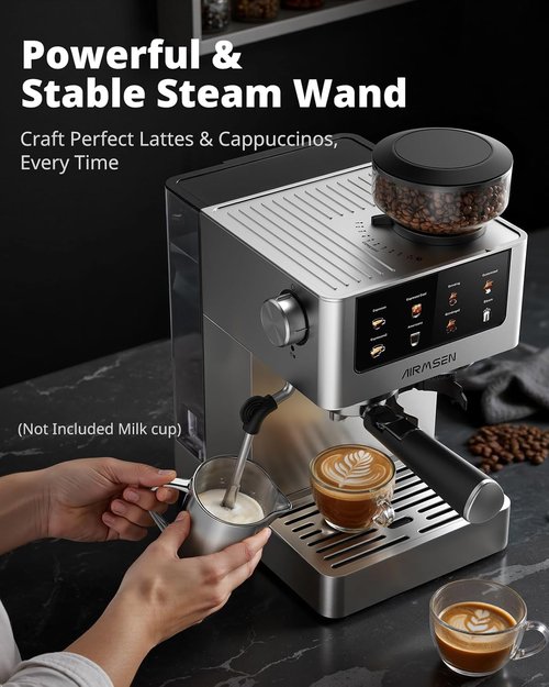 AIRMSEN Espresso Machine - 20 Bar Coffee Maker with Burr Grinder & Milk Frother | Stainless Steel for Home Use