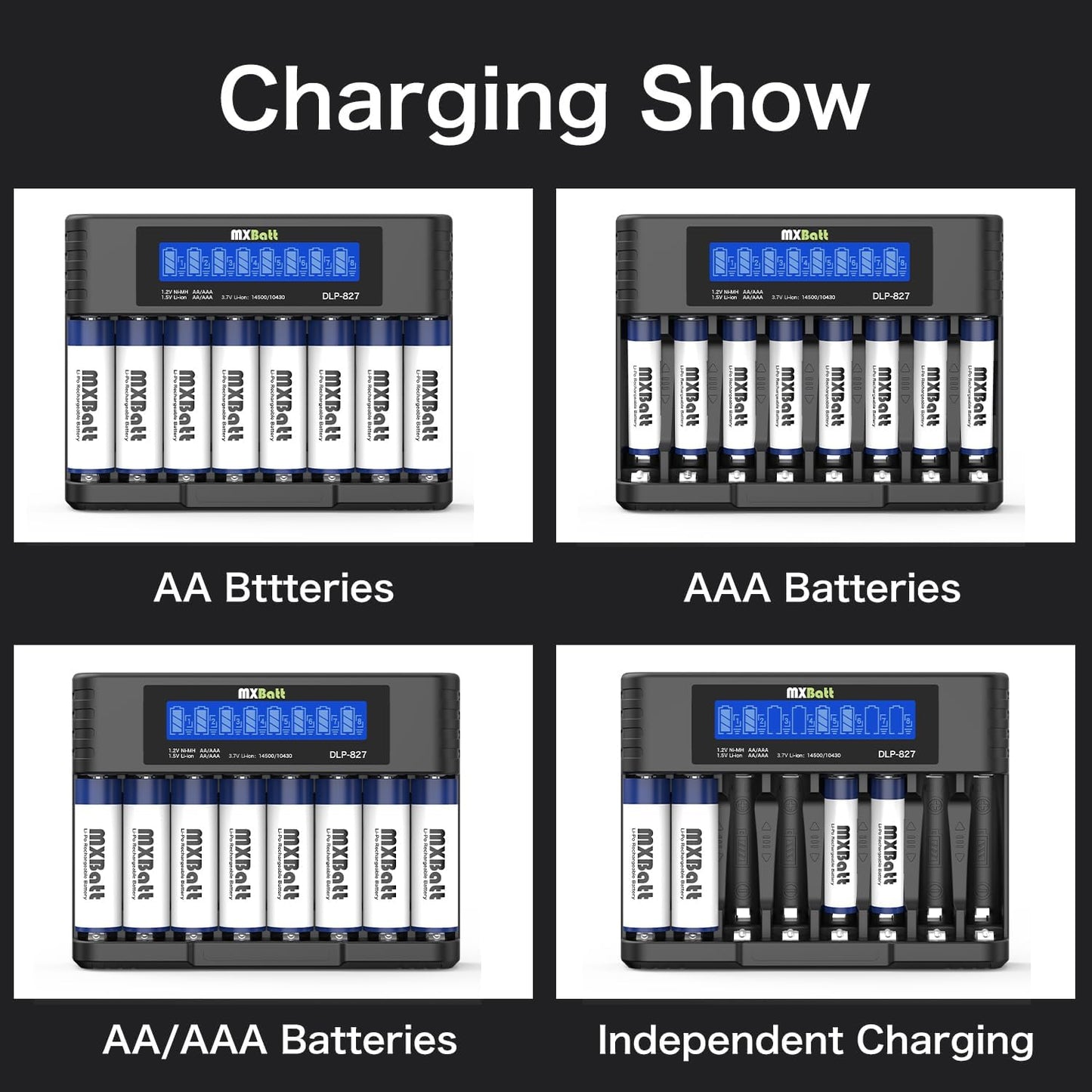 MXBatt 8 3400mWh 1.5V, 8 Packs 1500 AA Batteries Rechargeable Lithium with Charger Bay, Cycles, for Cordless Phones