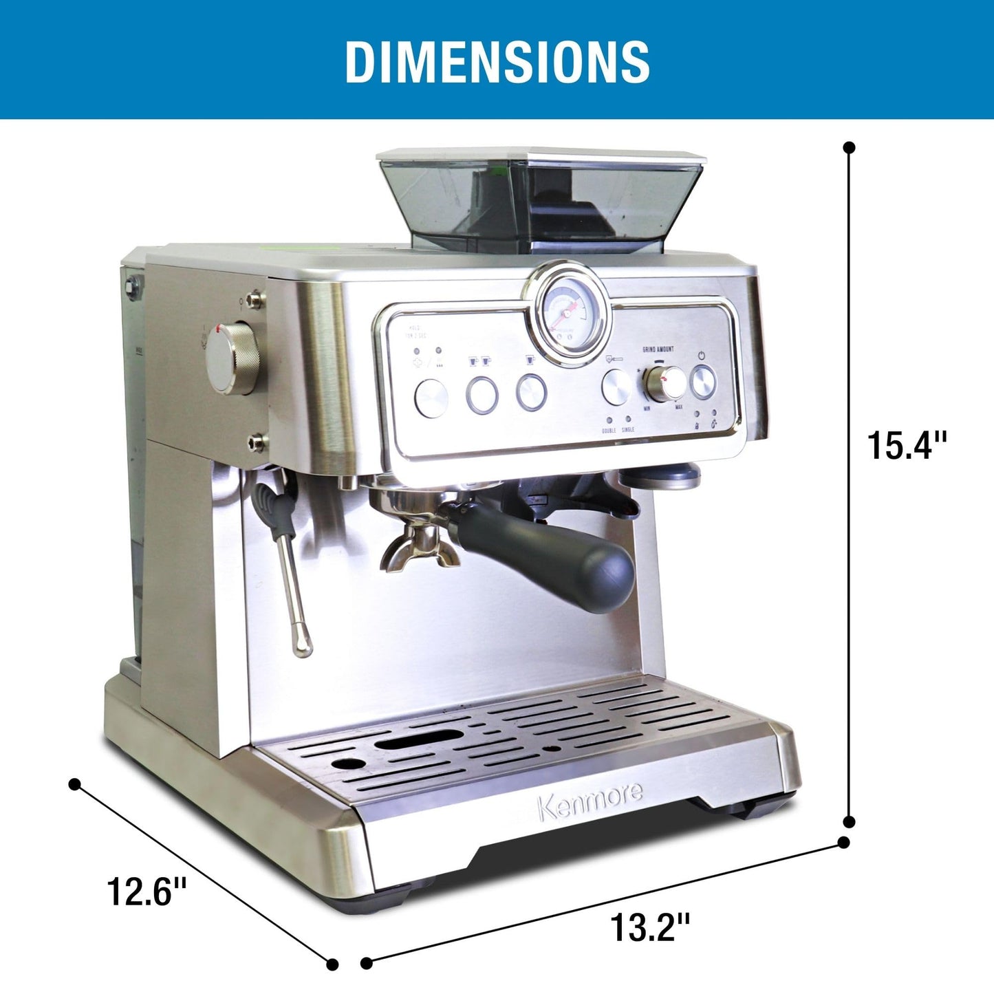 Kenmore Espresso Machine – Automatic Coffee Maker with Manual Tamper, Auto Cleaning, Milk Steamer & Frother, Bean Grinder, Brew Professional Barista Style Cappuccino, Café Latte