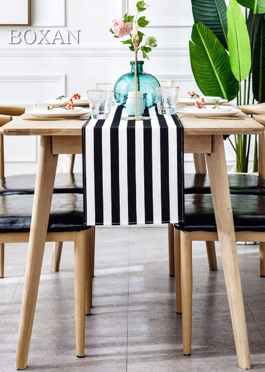 BOXAN Classic Black and White Striped Table Runner, Modern Stripes Pattern Elegant Cotton Canvas Table Top Decor for Art Deco Wedding, Bridal Shower, Bachelorette Party Decorations, 12" x 72"