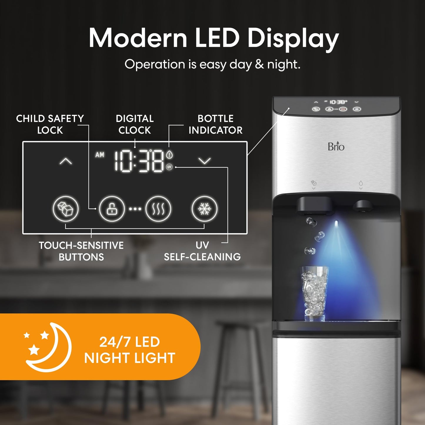 Brio 520 ICE Water Dispenser for 5 Gallon Bottle | Bullet Ice Maker Bottom Load Cooler | UV Self Cleaning, LED Touch Display with Digital Clock, Night Light, Child Safety Lock | 2X Fast Dispense