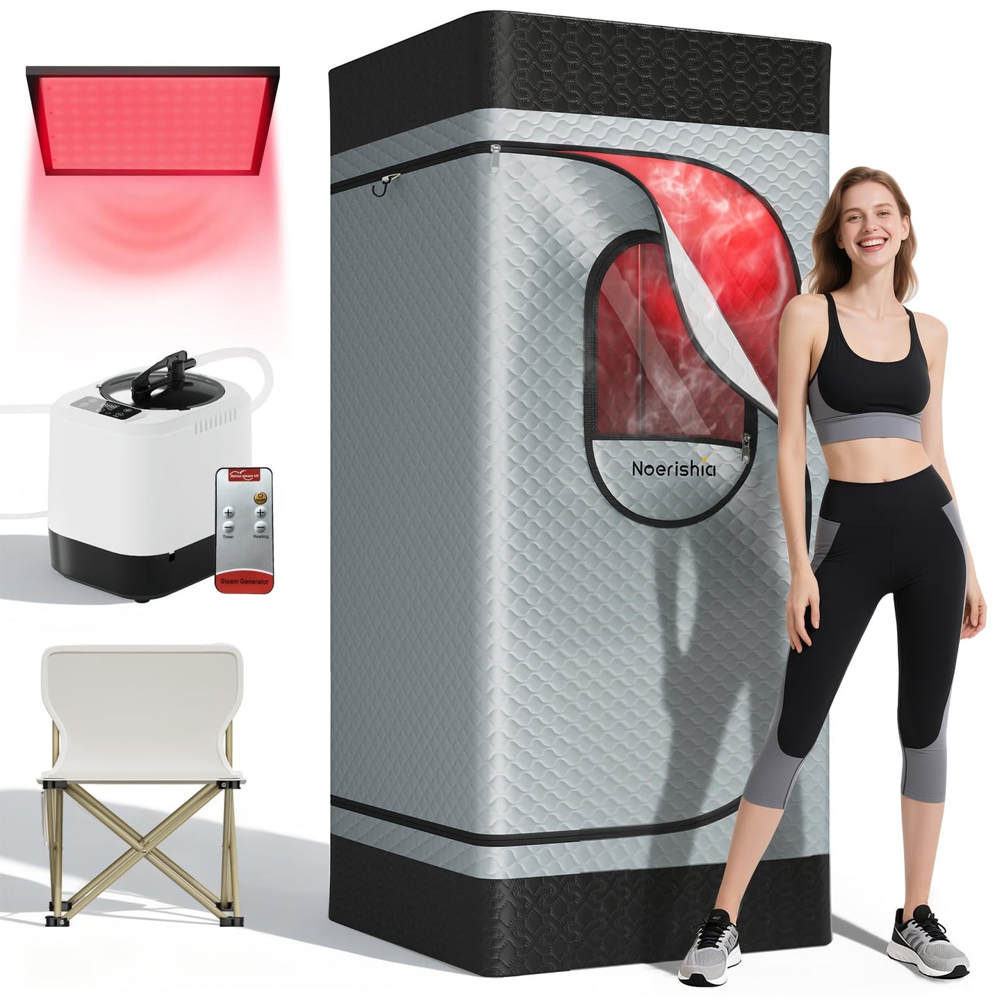 noerishia Portable Infrared Sauna Box for Home, Steam Sauna Tent with 660nm & 850nm Red Light Therapy, 3L 1200W Steamer, Oversized Folding Chair, 9 Heat Levels & 99-Min Timer for Home Spa Relaxation