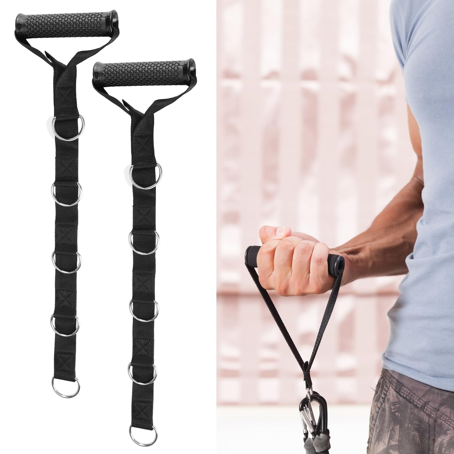 QWORK Fitness Metal Gym Handles with 5 Adjustable D-Ring Buckles - Heavy-Duty Handles for Pulley Systems, Pull-Down, Shoulder, Biceps, Triceps Exercises