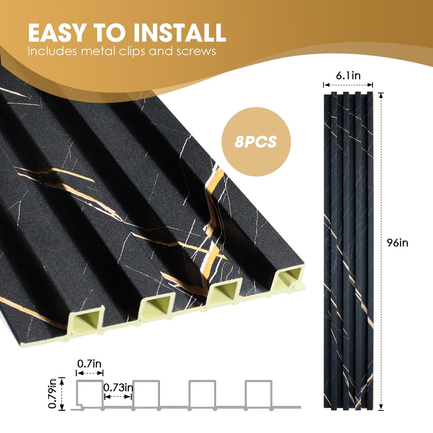 OUZUGIE WPC Acoustic Slat Wall Paneling, 8-Pack 96 x 6 Inches 3D Wall Panels for Interior Wall Decor,Living Room,TV Background,Study Room,Office Spaces,Bedroom,High Grille (Black Marble)