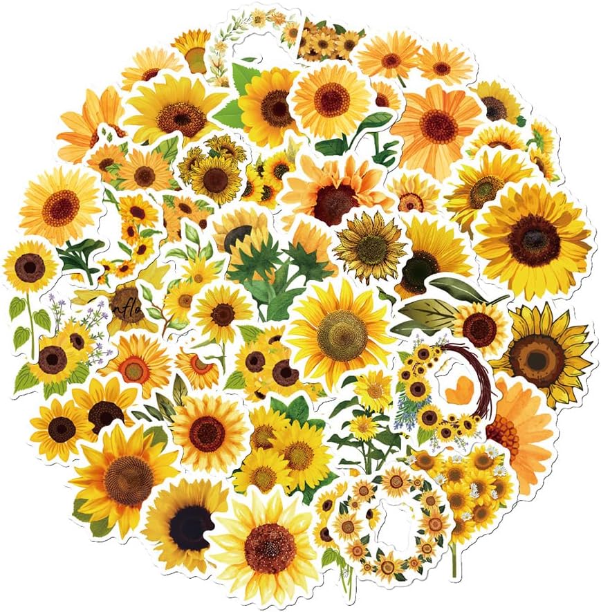 Ratgoo 50 Pack Pcs Bright Sunflower Stickers Cheerful Yellow Flowers Waterproof Vinyl Decal Stickers for Water Bottles