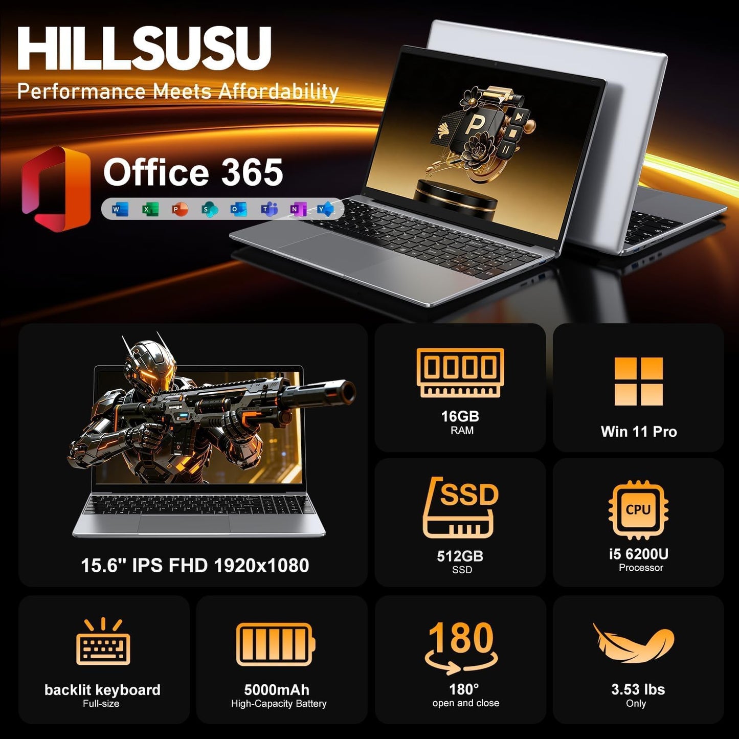 HILLSUSU 2026 Premium 15.6" FHD Business Laptop Computer, 16GB RAM 512GB SSD, Core i5, Windows 11 Pro, Pre-Installed Office, Backlit Keyboard, Numeric Keypad, Slim Student Notebook PC, Gifts for Men