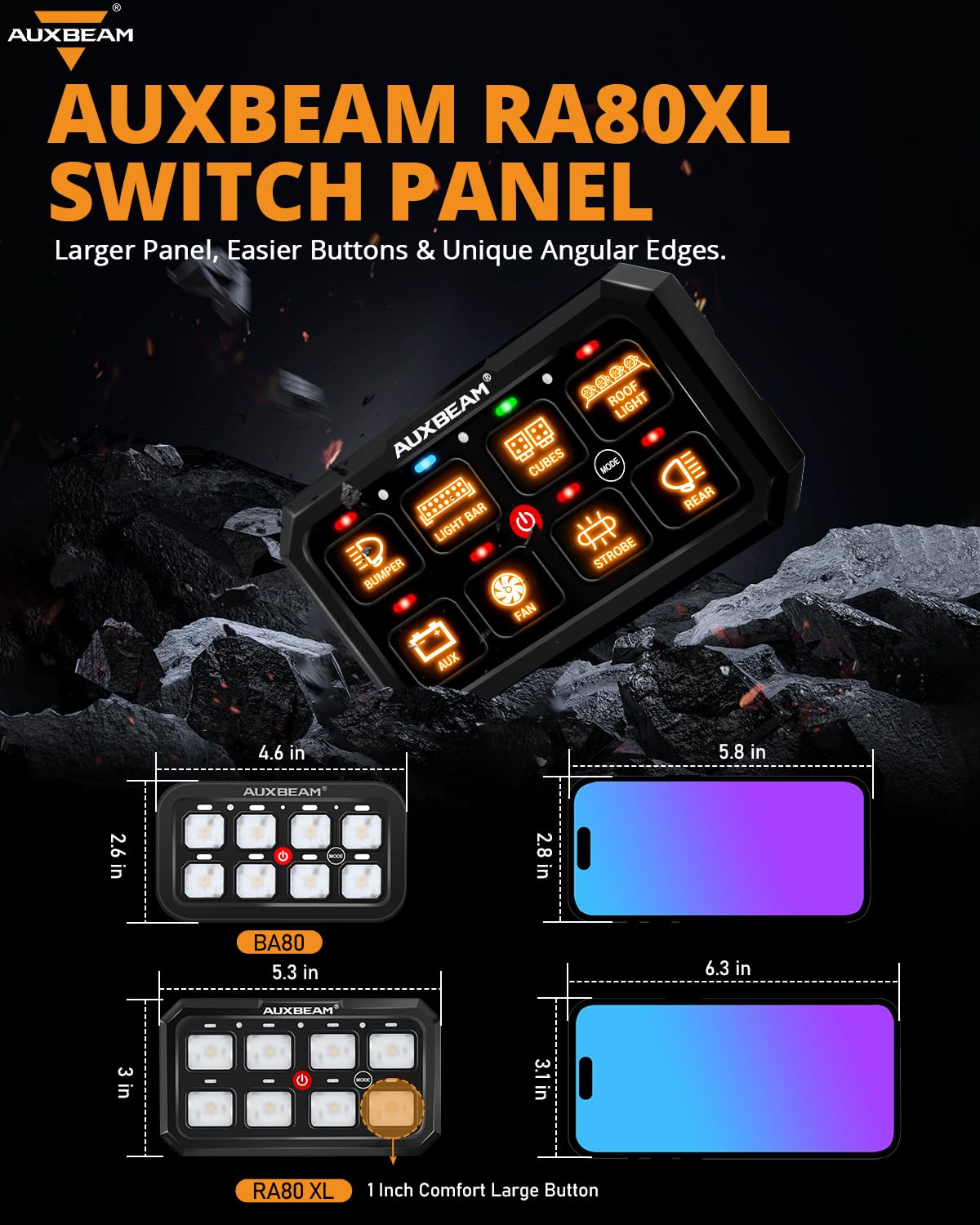 Auxbeam Switch Panel RGB 5 Inch Large 8 Gang Switch Panel RA80 XL Toggle Momentary Pulsed 12V Switch Panel for Car Truck SUV RV Camper Van Offroad Accessories 3 Years Warranty
