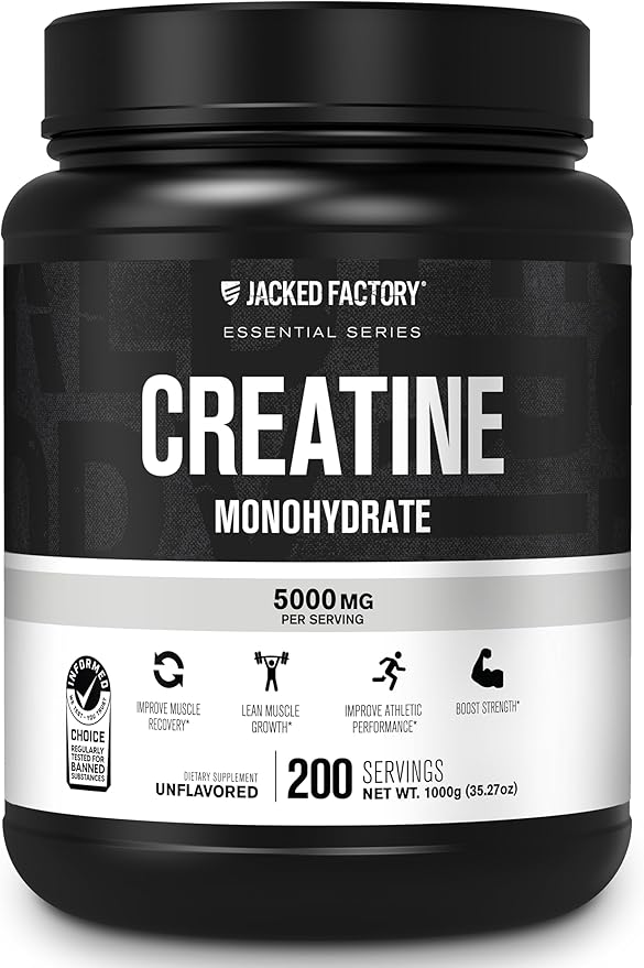 Jacked Factory Creatine Monohydrate Powder 1000g - 5g Daily Creatine Supplement for Men and Women, Vegan-Friendly, Third-Party Tested - 200 Servings, Unflavored