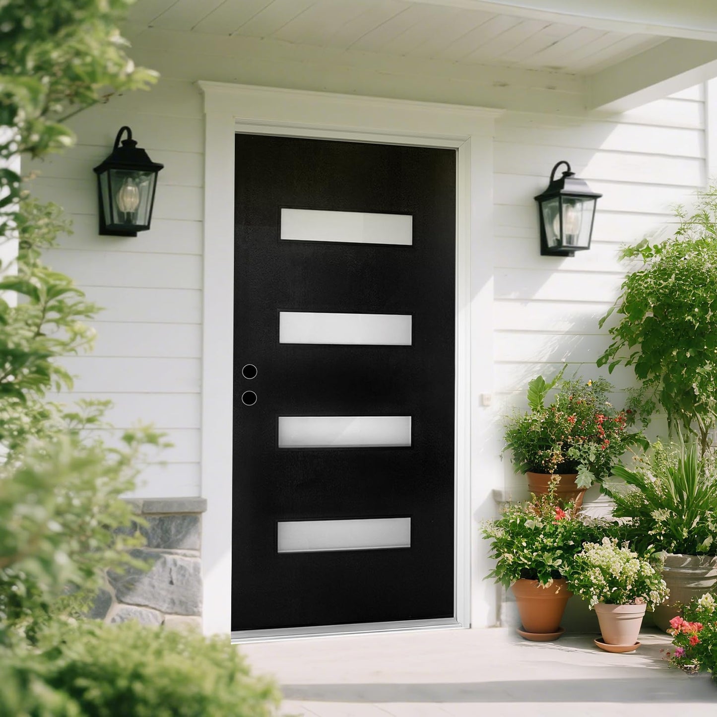 Fiberglass Exterior Door 36" x 80" with Frosted Glass and Brickmould, Right-Hand Inswing Front Door, Black Finish Knock-Down with White 4-9/16’’ Vinyl Frame for Residential Use