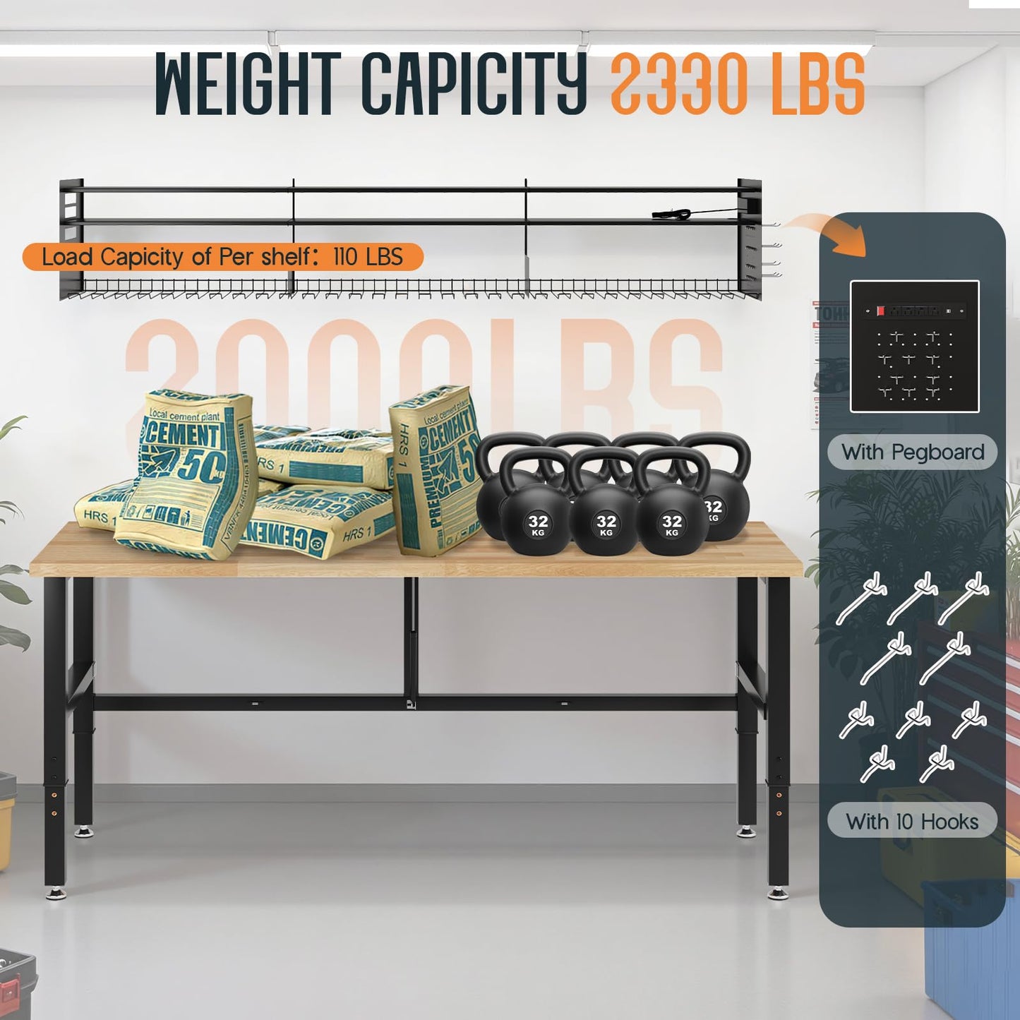 SPECRAFT 72x24 Folding Workbench with Wall-Mounted Tool Rack, Adjustable Foldable Workbench with Power Outlets & Hooks, 2330 LBS Capacity, 30.7"-40" Height for Garage, Workshop, Office