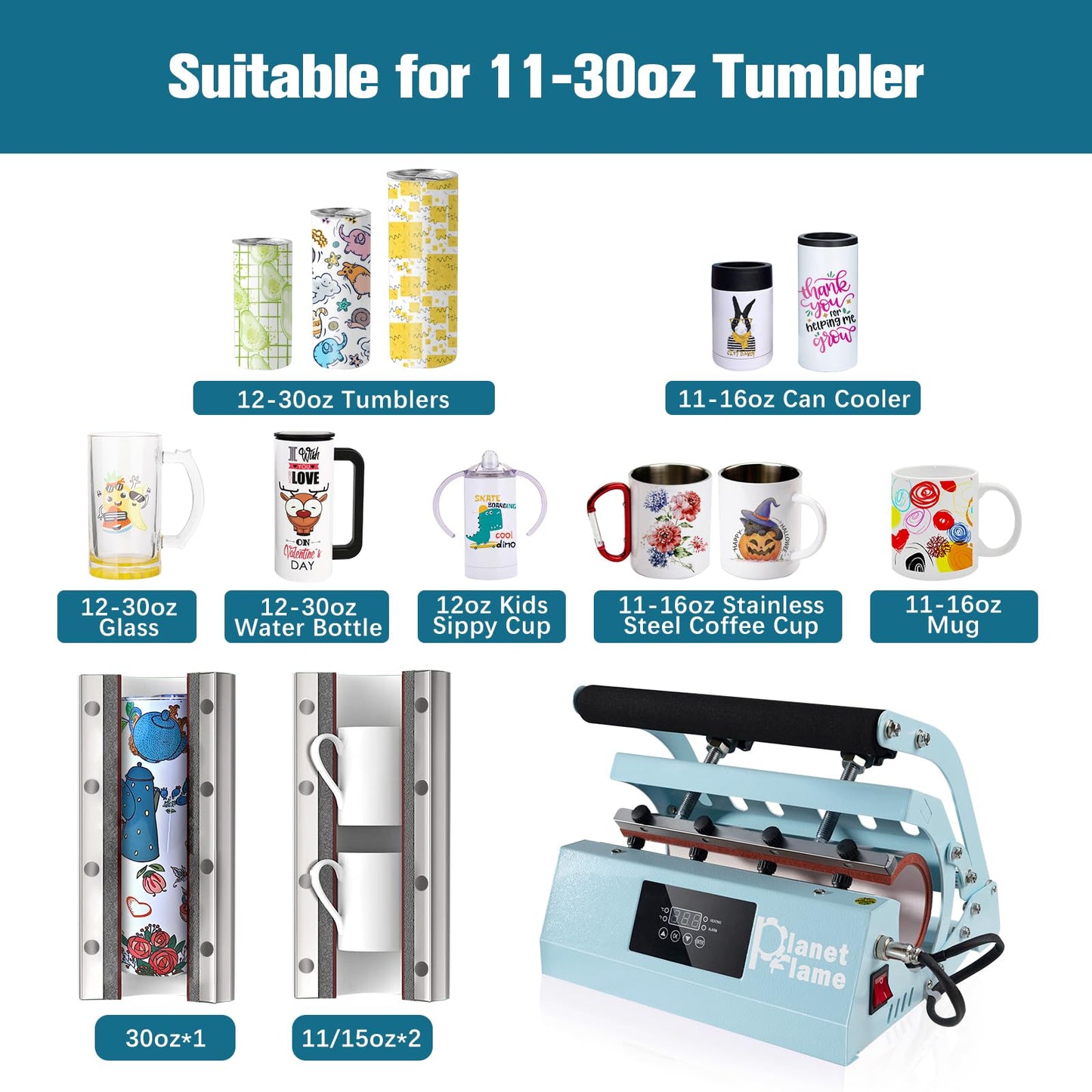 PlanetFlame Tumbler and Hat Heat Press Machine, 2-in-1 Combo Machine for Cup and Cap with Gloves and High Temp Heat Resistant Tape for 11oz-30oz Sublimation Tumbler and All Caps, Blue