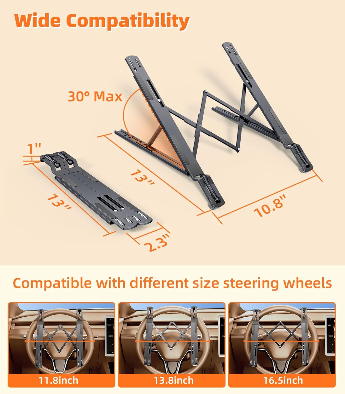Car Laptop Mount Steering Wheel Tray Holder, Height Adjustable Car Desk for Laptop Computer Tablet, Foldable Portable