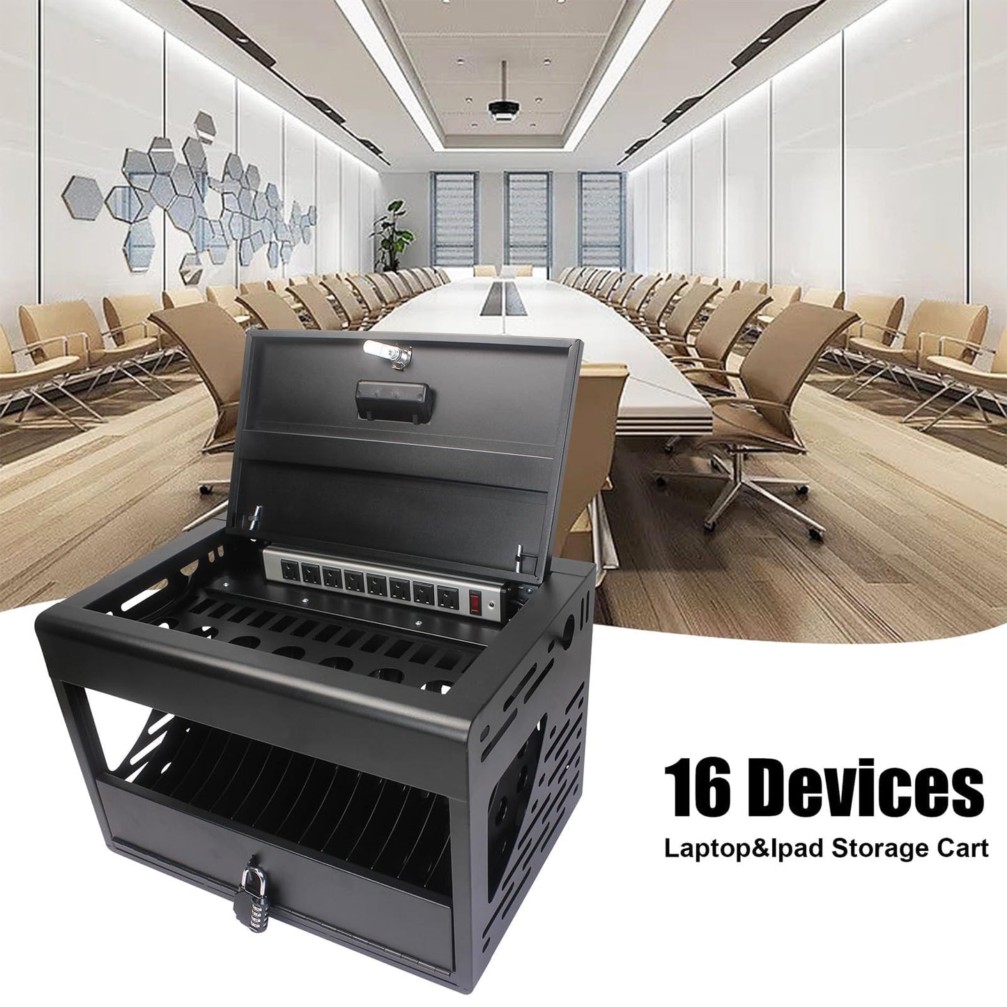 16 Bay Charging Cabinet for Laptop & Chromebook, Locking Charging Station with Cable Management and Ventilated Steel Structure, Fully Assembled Desktop Device Storage – Black