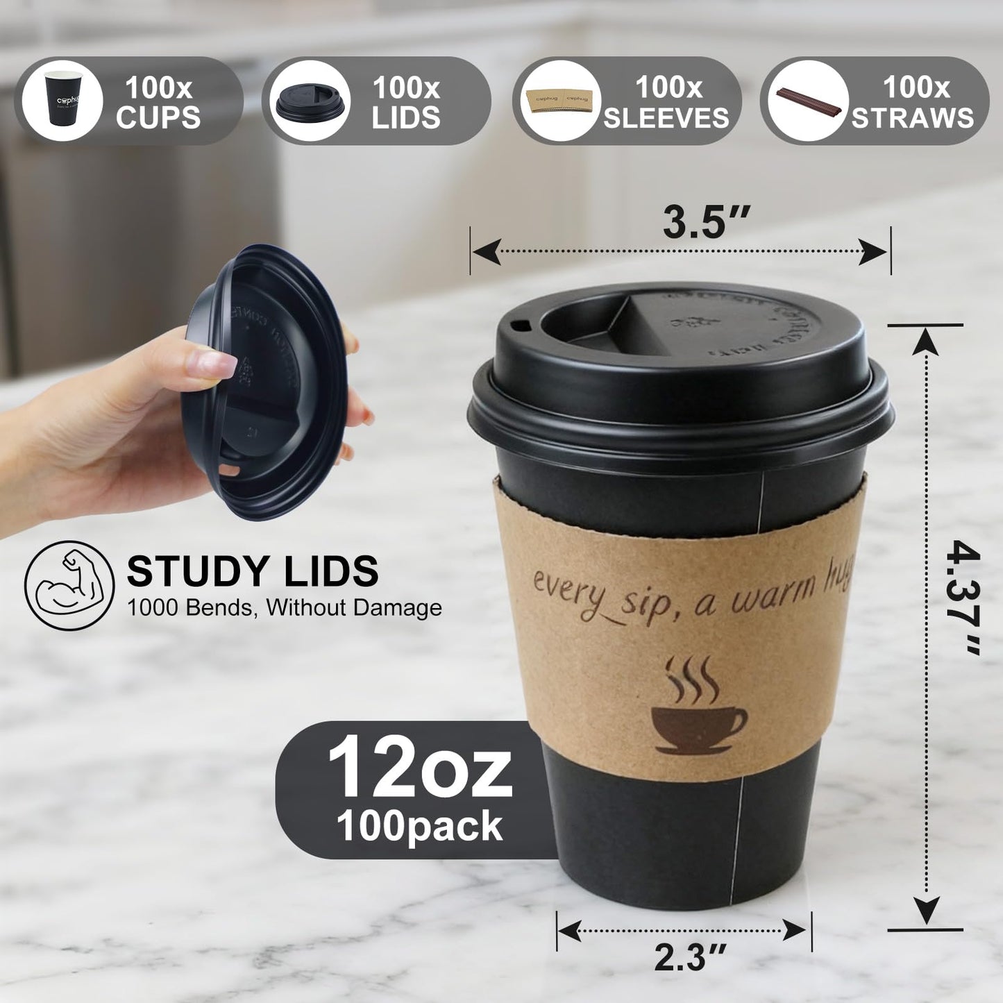 cuphug 12 oz Disposable Coffee Cups with Lids, Sleeves and Straws 100Pack, Thickened Leak-Proof Insulated Paper Cups for Hot Drinks, Home, Office, Cafe, Party