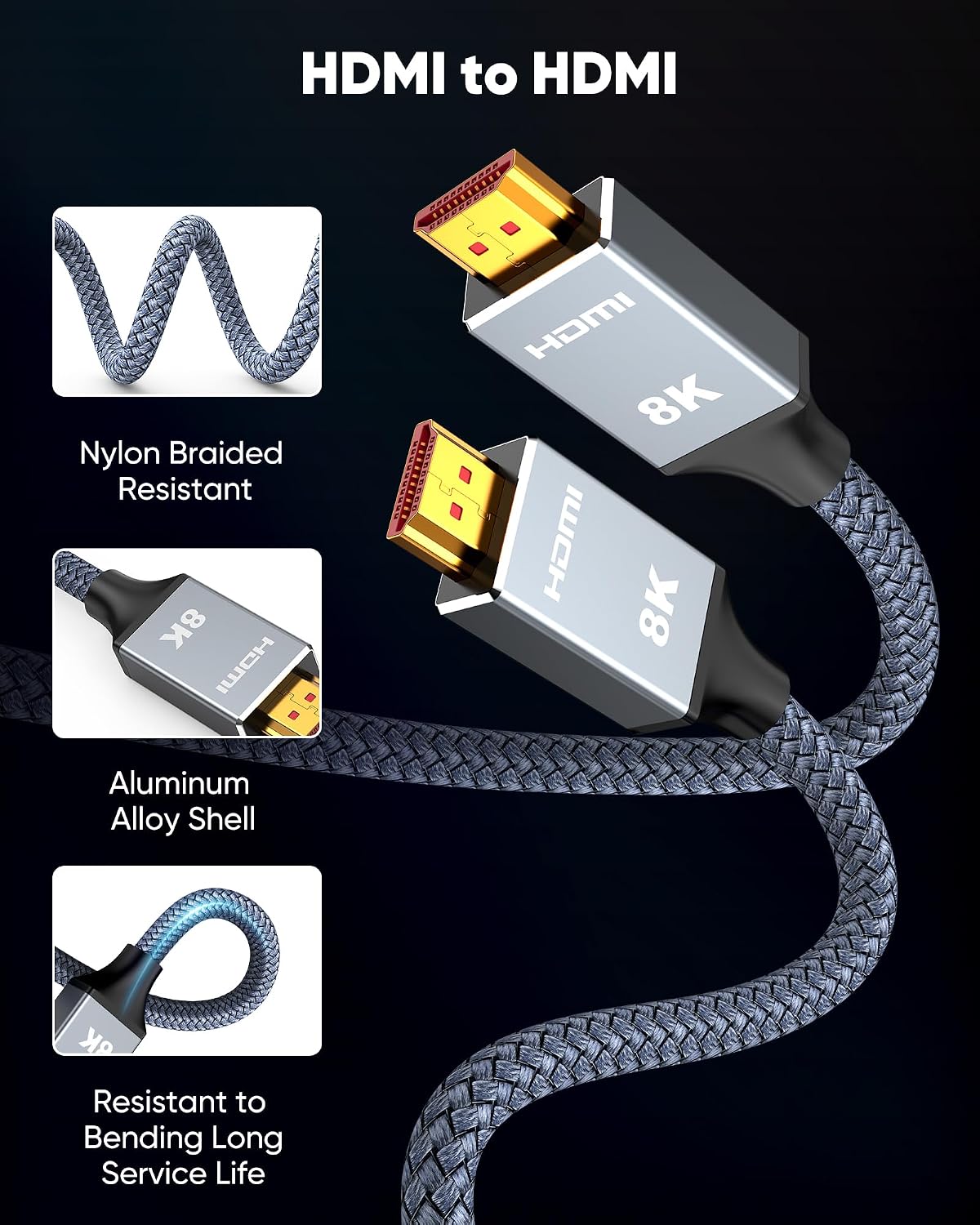 10ft 8K 4K@120Hz 2.1, 48Gbps PS5/4, 8K@60Hz, 2K@240Hz, 144Hz, 2.2 2.3, Capshi HDMI Cable High Speed Cord for TV, Gaming